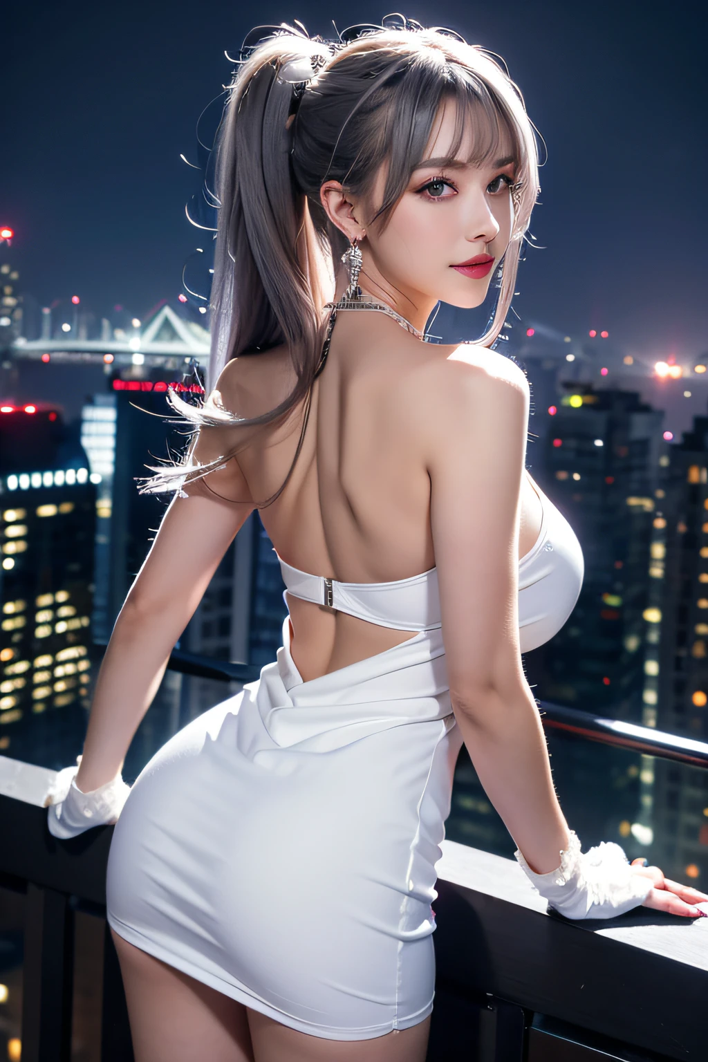 view from back、(Realistic painting style:0.9), masutepiece, Best Quality, absurderes, Looking at Viewer, Solo, bronya zaychik (silverwing n-ex), bronya zaychik, Red pupils, 1girl in, Solo, breasts, Long hair, Dress, Grey Hair, cleavage, Looking at Viewer, Smile, Closed mouth, Bangs, grey eyes, Jewelry, single glove, earrings, Mini White Dress, gloves, Bare shoulders, Sleeveless mini dress, Drill Hair, Sleeveless, Single sleeve, hair between eye, Large breasts, twin drills, White sleeves, Hair Ornament, Single-pole drone, city, Night、Poses with different movements、view from back