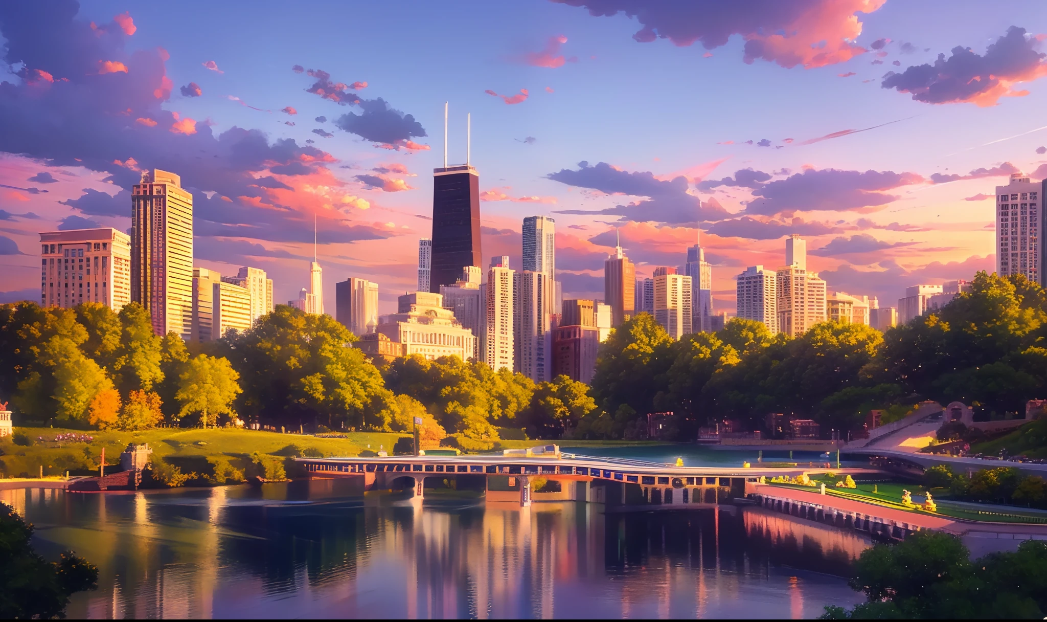 Alafed view of city skyline with lake and bridge, chicago skyline, Chicago, illinois, shutterstock, Beautiful city, Beautiful cityscape, skyline showing, parks and lakes, sky line, usa-sep 20, by John La Gatta, Late summer morning, city of pristine colors, beautiful image, by Bernardino Mei, stunning images, Trip, city、Masterpiece、top-quality、8ｋAnd then、detail portrayal、