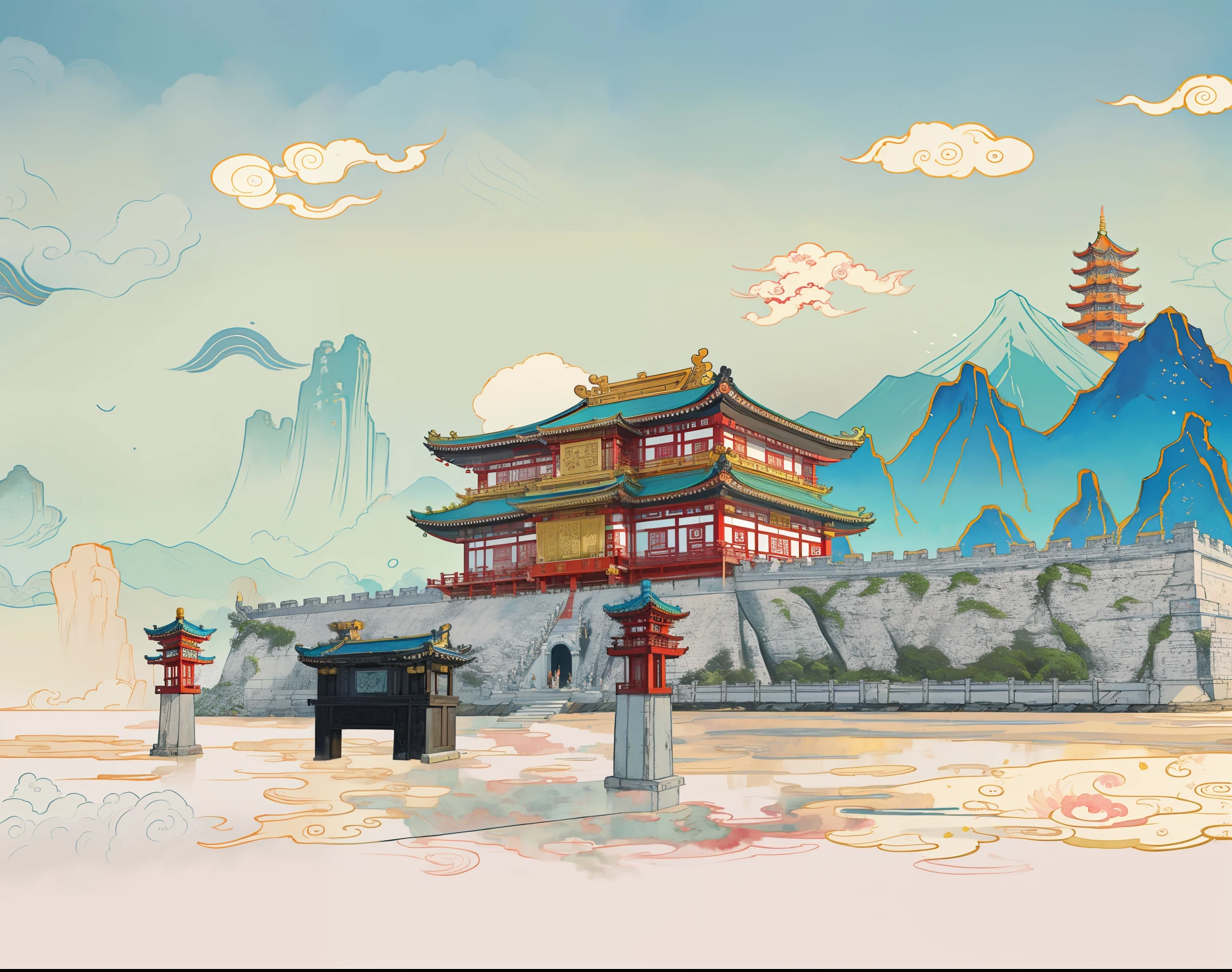 There is a photo of a Chinese landscape，There are a lot of flowers in it, Temple background, Chinese-style windows，A bird in fly，background depicting a temple, digital painting of a pagoda, Chinese watercolor style, palace background, fairy tale style background, palace floating in heaven, Zen temple background, flying cloud castle, A beautiful artwork illustration, jellyfish temple, Japanese art style, scenery art detailed, cyberpunk chinese ancient castle