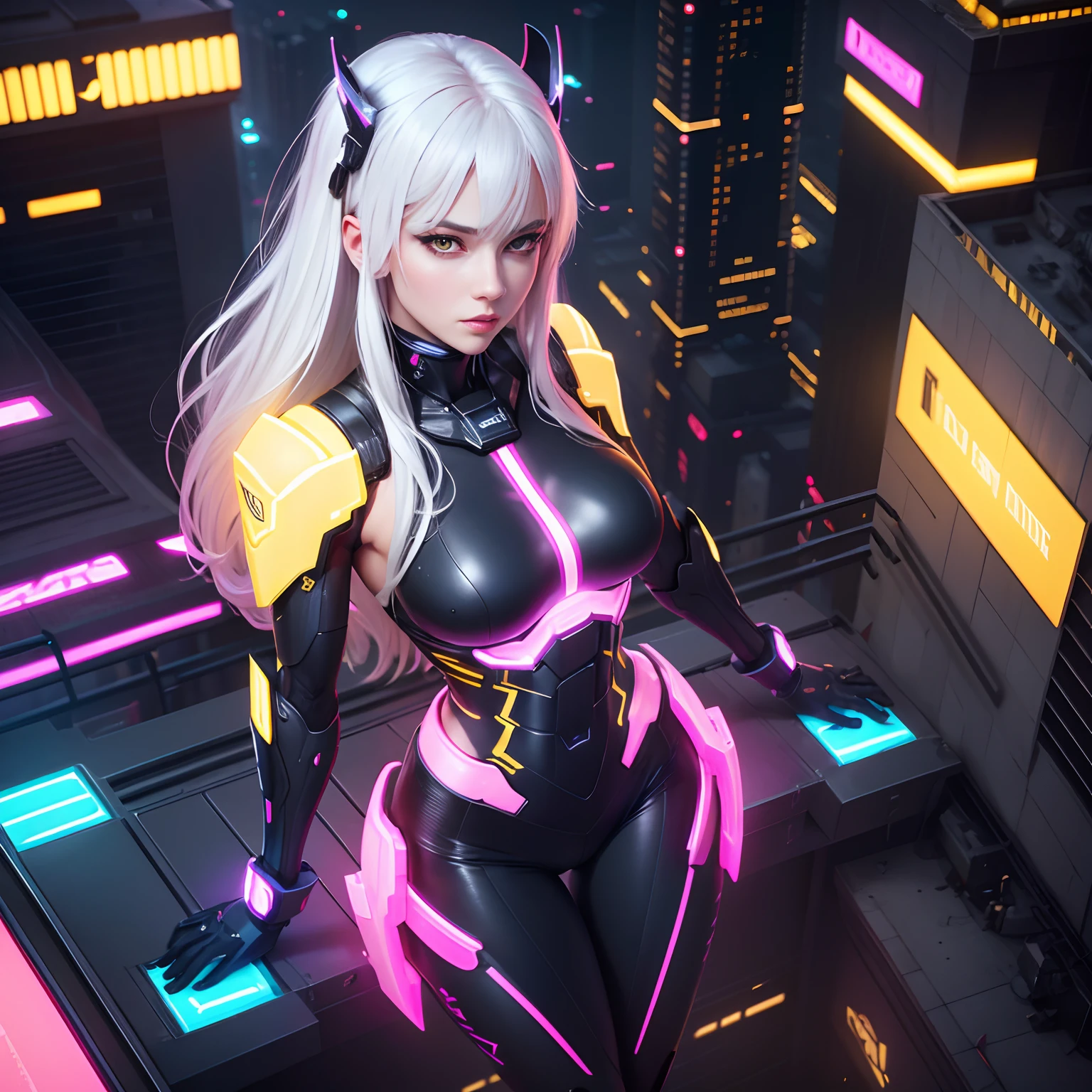 the highest quality))、((Obra maestra)、ciberpunk、big glutes、arrodillarse、Electronic visor attached to the face of a with emphasis on the buttocks、Red latex body,Moda cyberpunk、pose sexy、(Usar polainas amarillas en la parte inferior del cuerpo、Agrandamiento de los senos、Neon lights in the dark city at night,Motor irreal:1.4,HD,La Mejor calidad:1.4, fotorrealista:1.4, textura de la piel:1.4, Obra maestra:1.8,Obra maestra, Mejor calidad,(Hermosos ojos azules ),( neon violet cyborg),(perfect anatomy),(convexo ,Dedos detallados),white cyborg latex bodysuit, (ciberpunk 2.1)