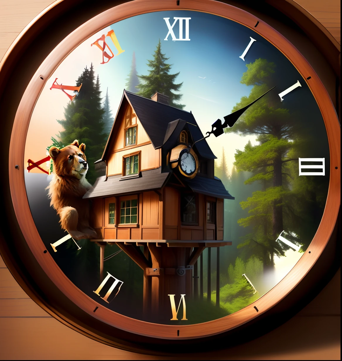A close-up of a clock,There is a bear and a tree house on it, big clock, giant clock, UHR, clock, huge mechanical clocks, hand painted cartoon art style, mechanical clock, wood, sticker of a home in the forest, forest theme, Country album cover of the clock, 1 5 0 mm, 150 mm, 150mm