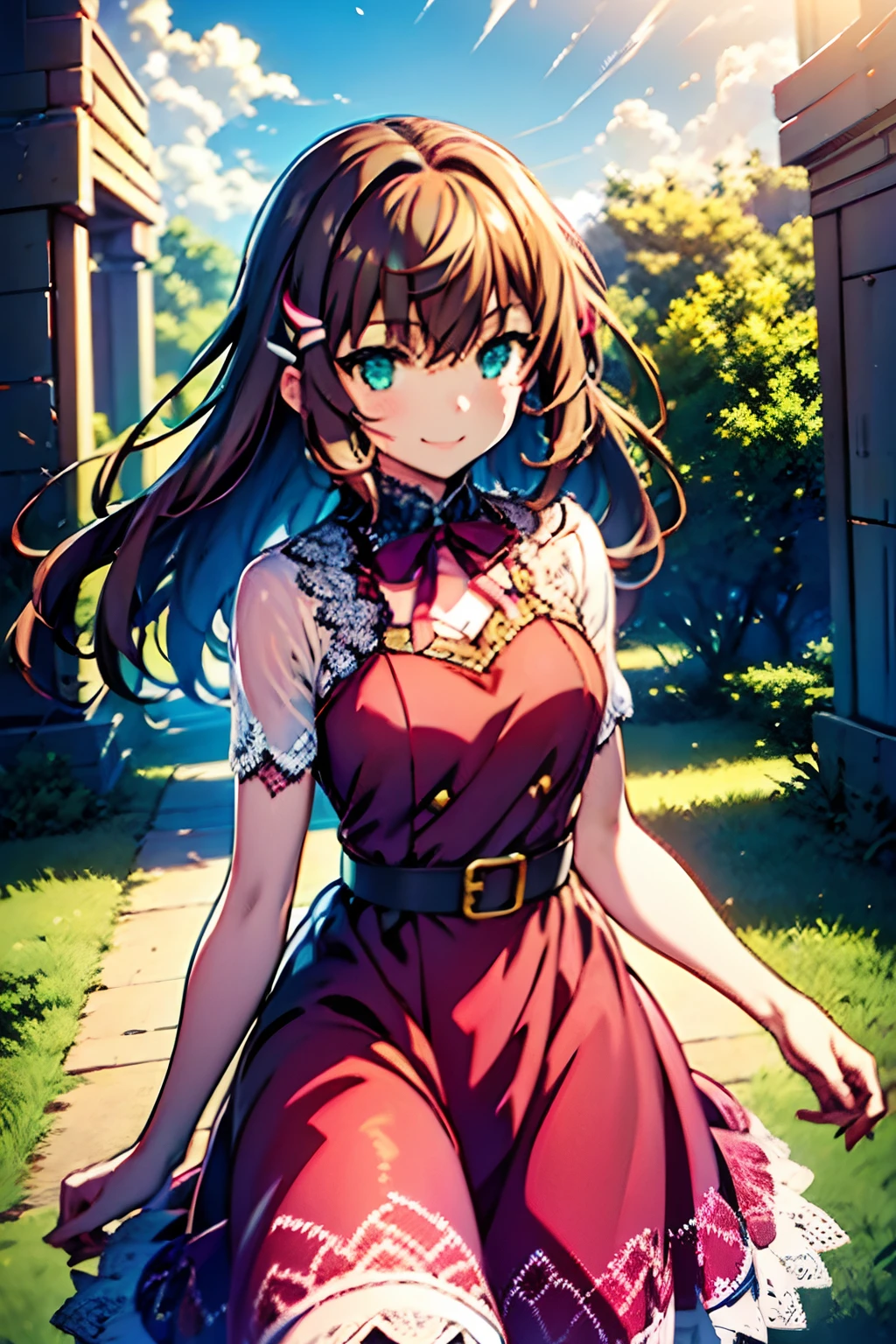 1 girl, shoko, valvrave, fantasy world, ruins, fort, beautiful sky, shining sky, sunshine, smiling, waving, belt wristband, ribbon choker, wind blowing dress, lace dress