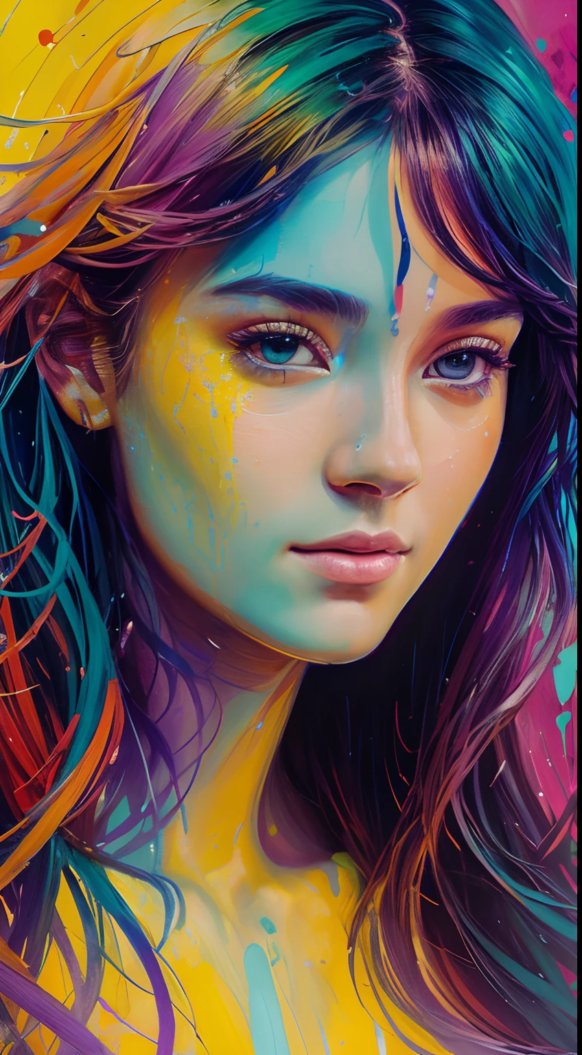 Colorful beautiful woman: a woman 18-years old, messy hair, oil painting, nice perfect face with soft skinice perfect face, blue yellow colors, light purple and violet additions, light red additions, intricate detail, splash screen, 8k resolution, masterpiece, cute face, Face of the young elemental goddess of the waters, beleza abstrata, Centrado, looking-into-camera, Approaching perfection, Dynamic, fora, altamente detalhado, Pintura digital, art-station, arte conceitual, Foco suave, ju, illustration, arte de Carne Griffiths e Wadim Kashin