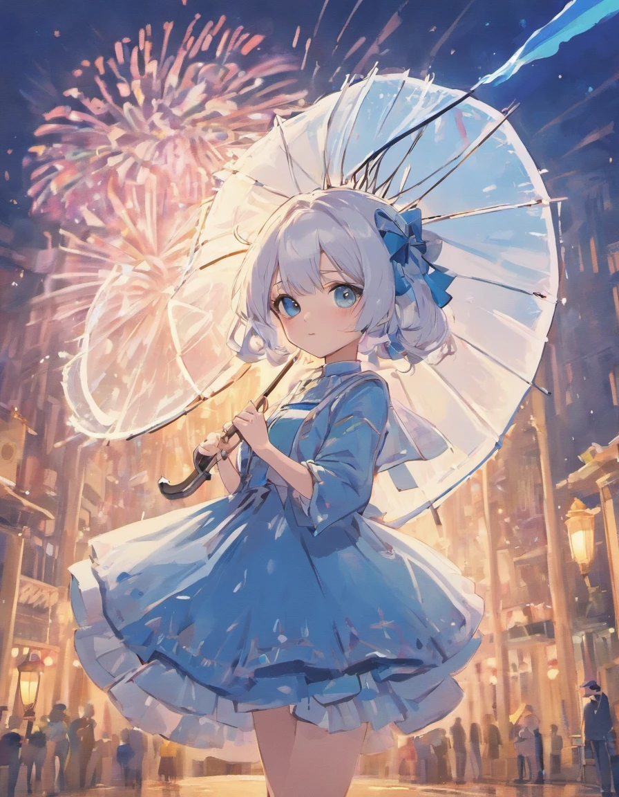 white color hair，blue color eyes，Lolita style clothes，Take a parasol，Empty eyes, petite body，long whitr hair