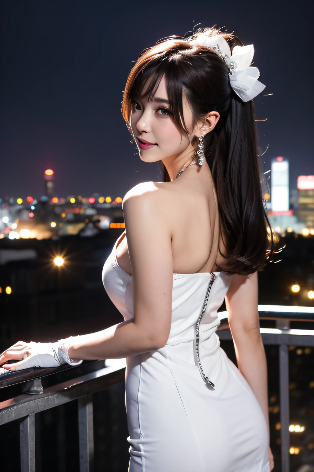 view from back、(Realistic painting style:0.9), masutepiece, Best Quality, absurderes, Looking at Viewer, Solo, bronya zaychik (silverwing n-ex), bronya zaychik, Red pupils, 1girl in, Solo, breasts, Long hair, Dress, Grey Hair, cleavage, Looking at Viewer, Smile, Closed mouth, Bangs, grey eyes, Jewelry, single glove, earrings, Mini white dress, gloves, Bare shoulders, Sleeveless mini dress, Drill Hair, Sleeveless, Single sleeve, hair between eye, Large breasts, twin drills, White sleeves, Hair Ornament, Single-pole drone, city, Night、Poses with different movements、view from back