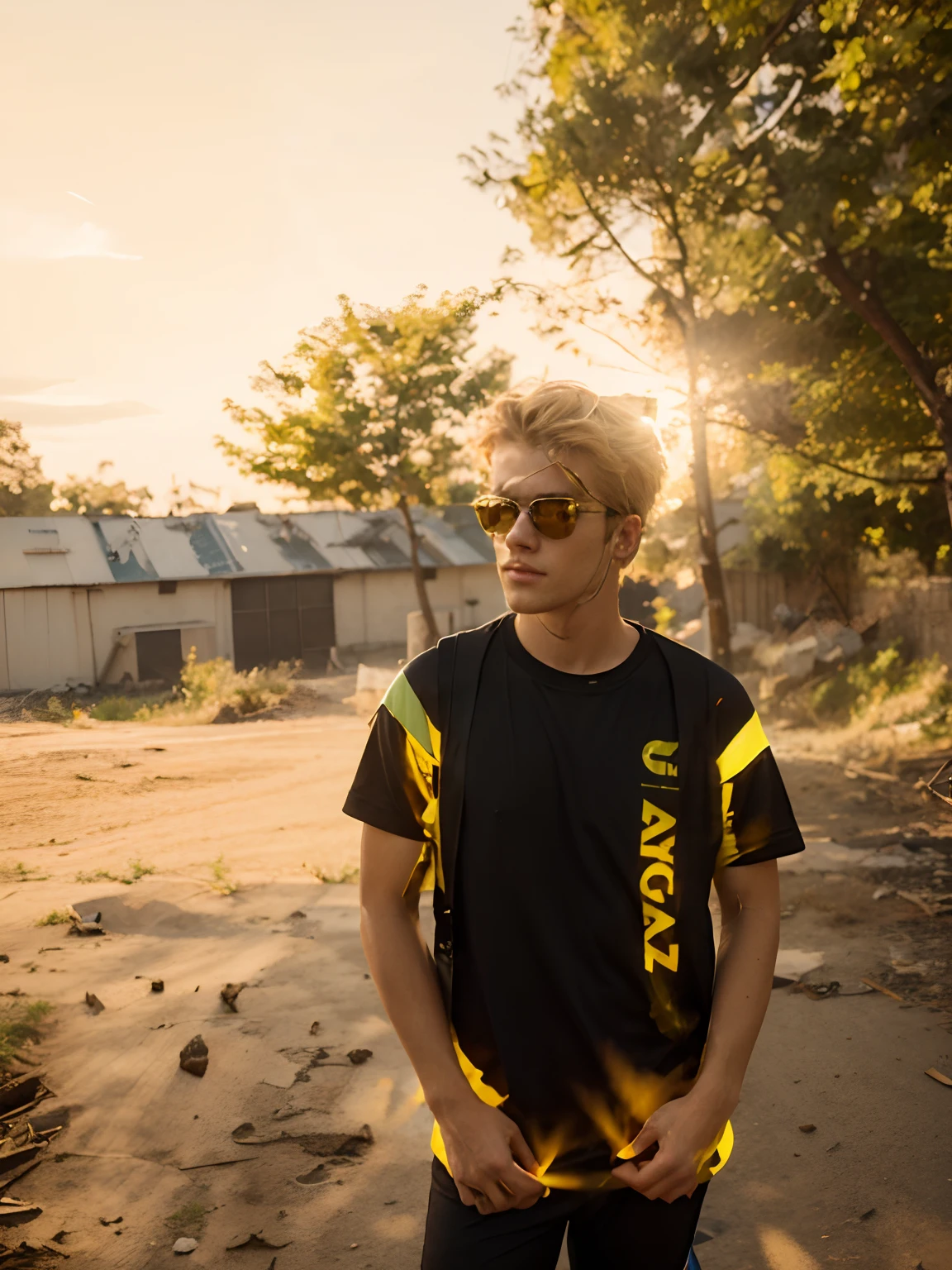Change background cyberpunk smart boy with sunglass, realistic face, 8k, ultra realistic, Golden hair, bike.
