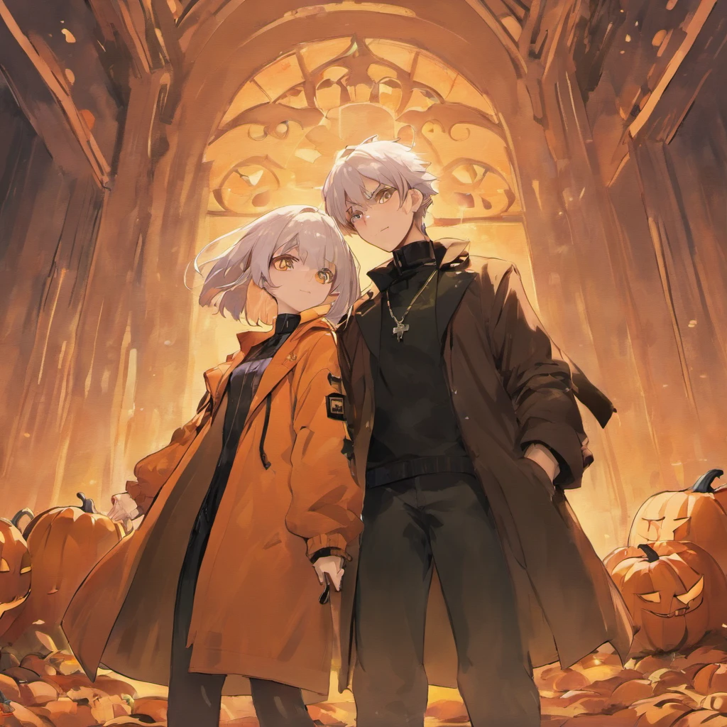 a couple,Halloween,Pumpkin background,Handsome black-haired man,Woman with white hair、coat,Cross your shoulders、Have a game controller、A smile、parka、video game、yuki