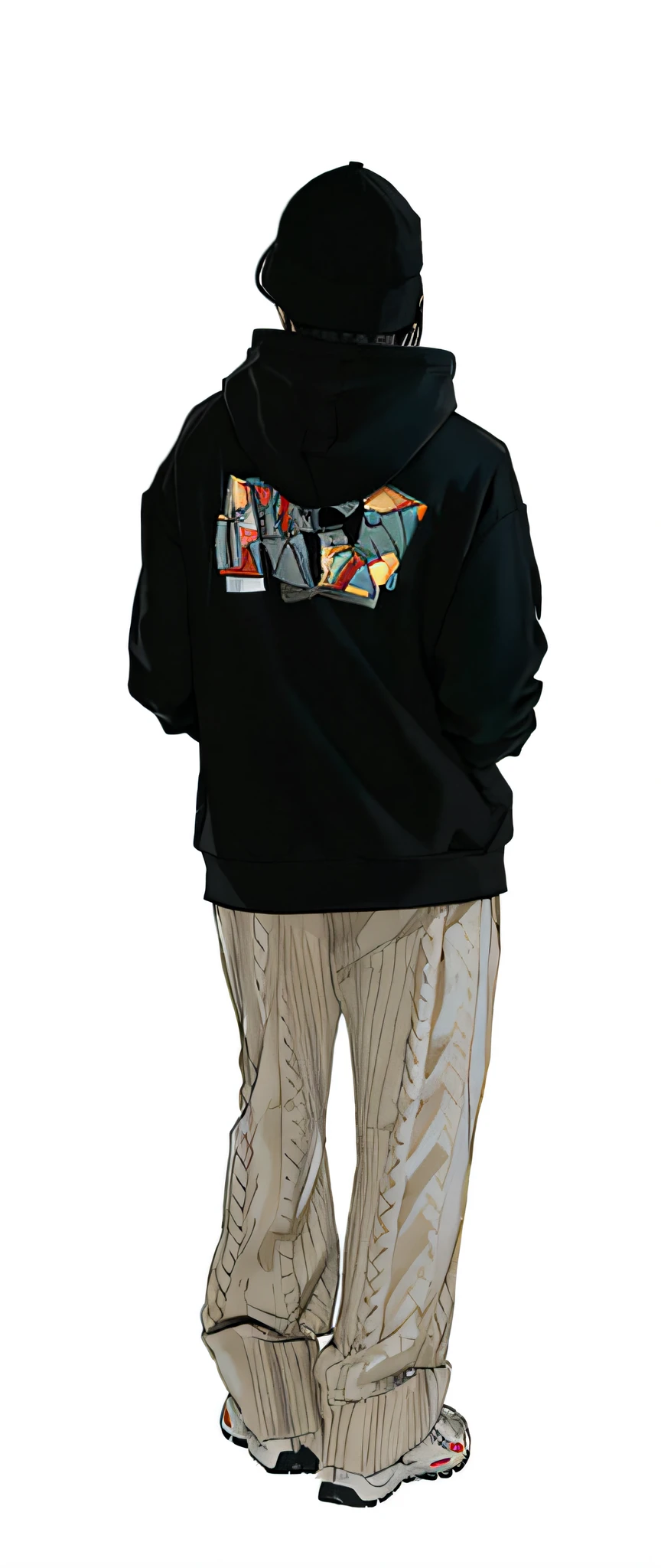 The Arad woman, wearing a black hoodie and pants, stood with her back to the camera, advertisement picture, Street attire, trending on r/techwear outfit, high detal, Street attire, lookbook, Street attire, item, full bodyesbian, Full body picture, parody work, street clothing, techwear outfits, looking this way, trending on r/Street attire, streetwear graphic design,