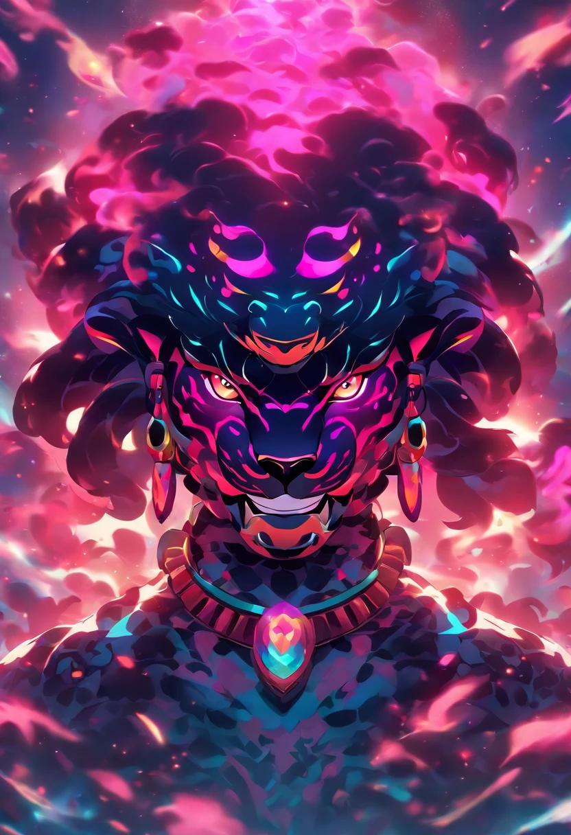(((Jaguar head)))best quality, ultra-high resolution, 4K detailed CG, master piece, Tezcatlipoca, Mayan God, pink jaguar, mirror necklace, Mayan clothes, chest mirror, Mayan mythology, desert, smoke, ((humanoid body)) Mexico, aesthetics, Beautiful image, centered on the screen