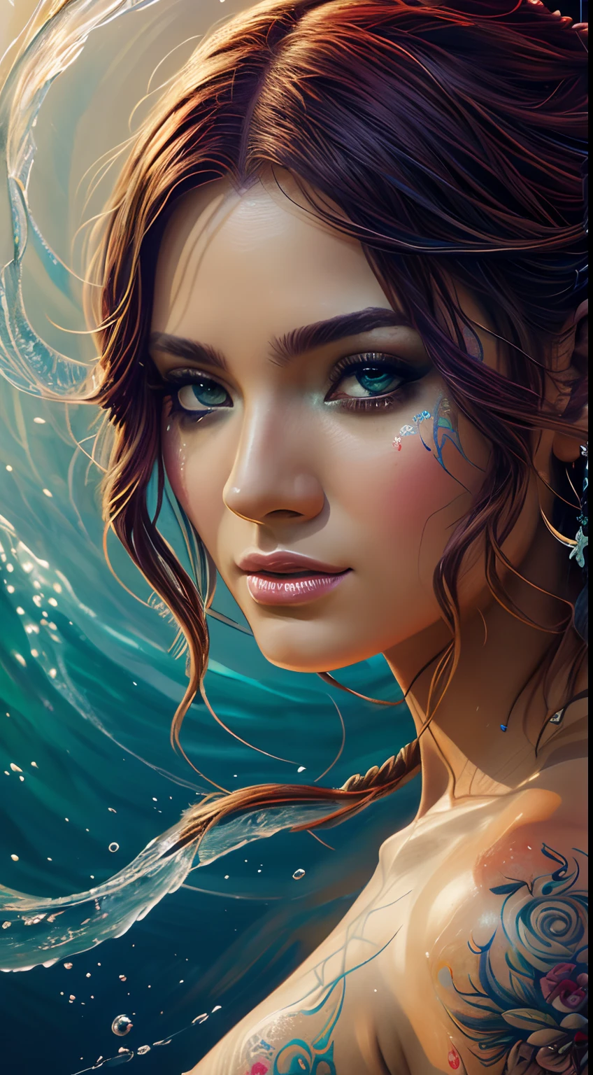 Face of the young elemental goddess of the waters, beleza abstrata, Centrado, looking-into-camera, Approaching perfection, Dynamic, fora, altamente detalhado, Pintura digital, art-station, arte conceitual, Foco suave, ju, illustration, intricate detail, splash screen, 8k resolution, masterpiece, arte de Carne Griffiths e Wadim Kashin
