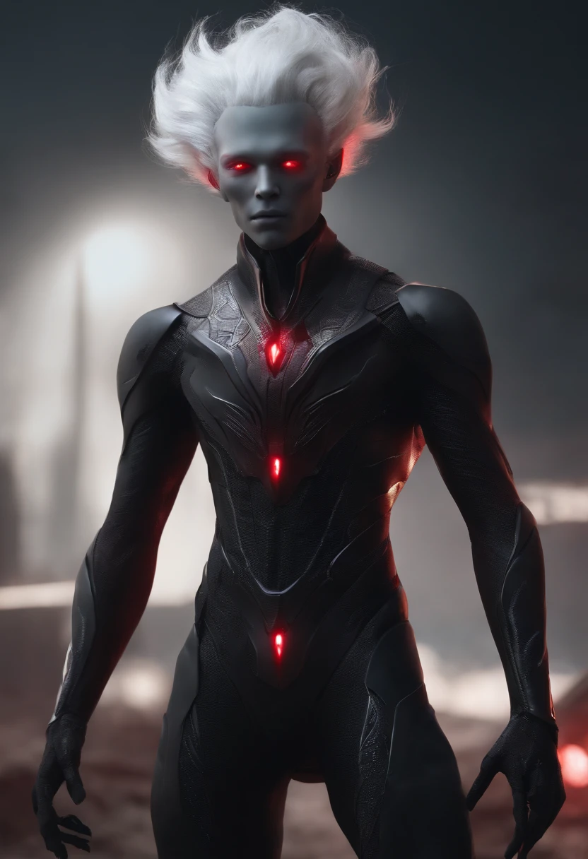 a full body male humanoid alien with crimson eyes, short messy white hair, dark grey skin tone, average skinny body type.