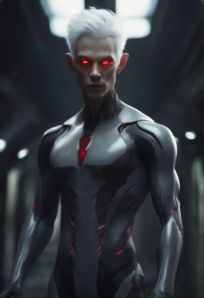 a full body male humanoid alien with crimson eyes, short messy white hair, dark grey skin tone, average skinny body type.