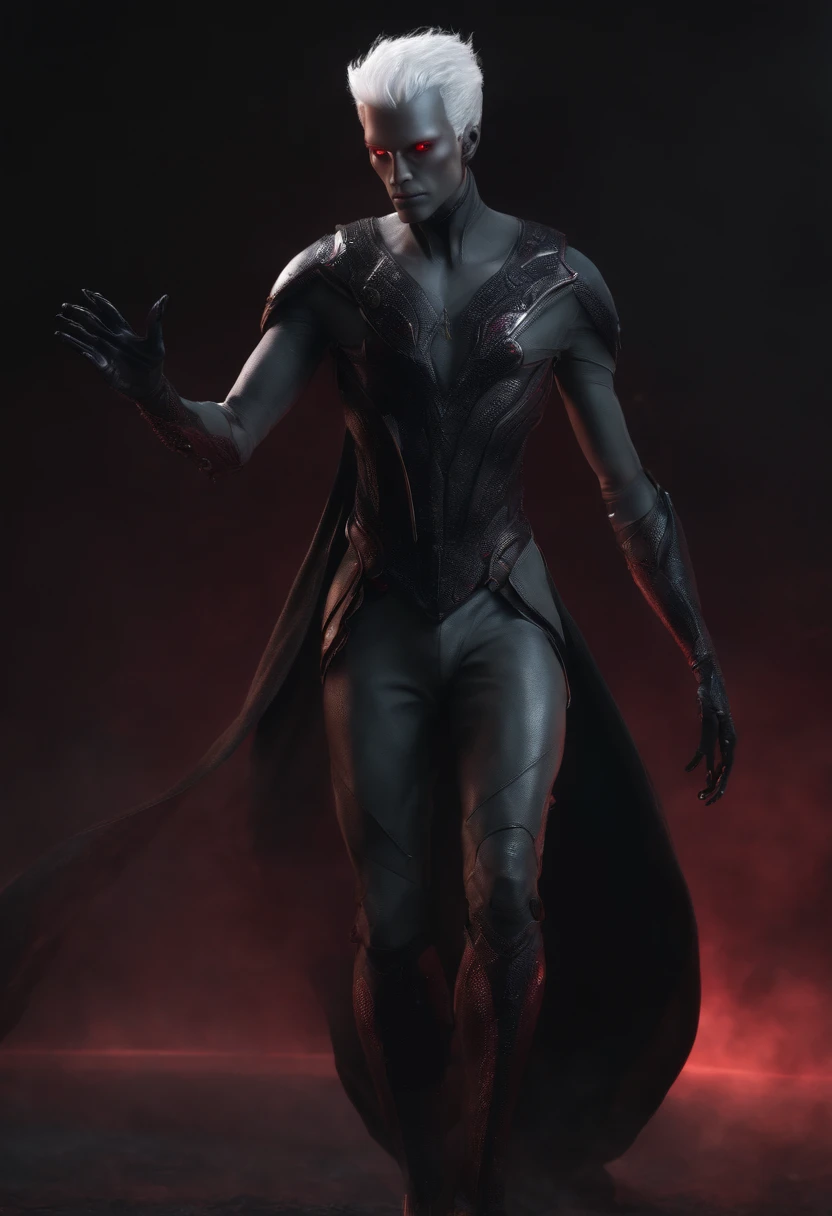 a full body male humanoid alien with crimson eyes, short messy white hair, dark grey skin tone, average skinny body type.