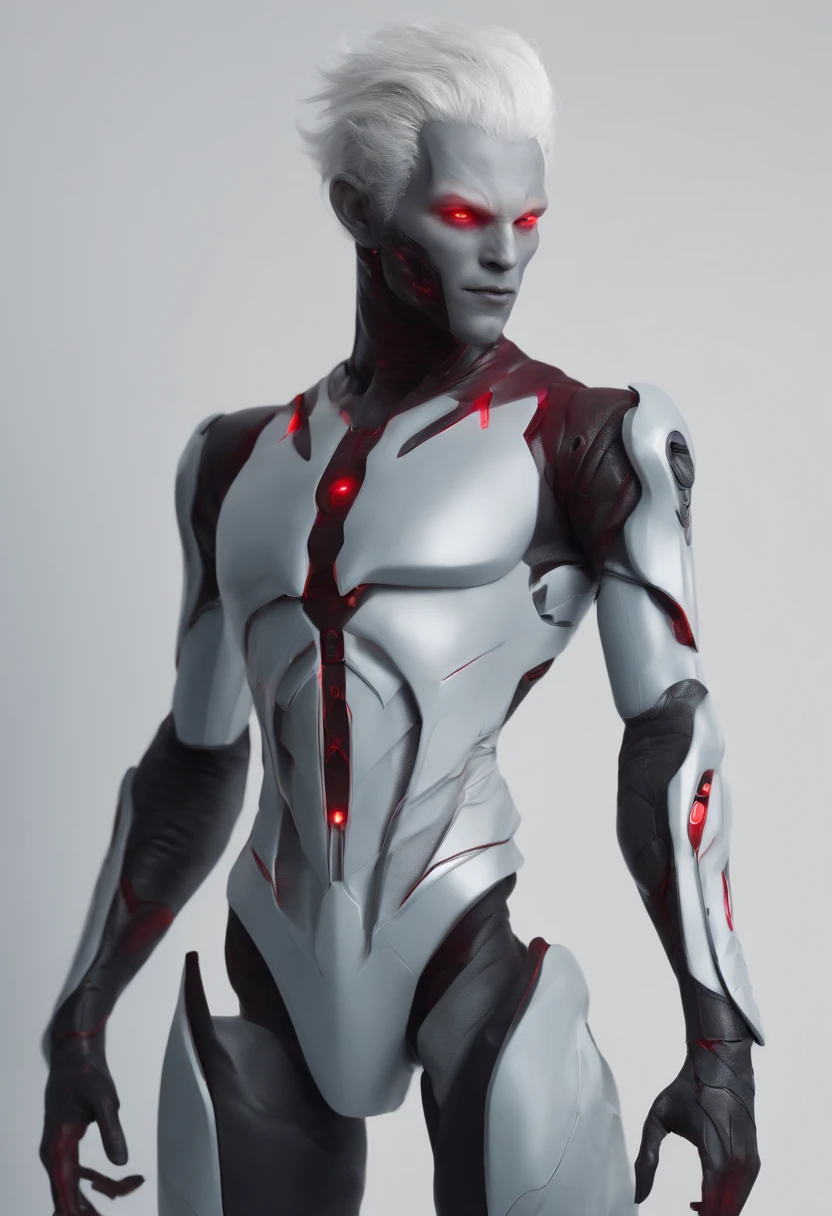 a full body male humanoid alien with crimson eyes, short messy white hair, dark grey skin tone, average skinny body type.