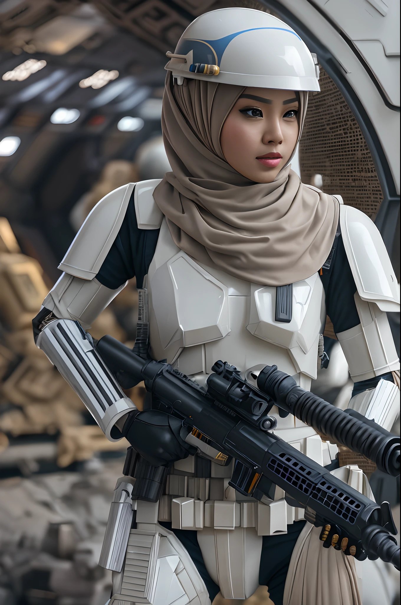 Sexy malay female stormtrooper in hijab, war scene, wearing barely anything, Star Wars ship setting, highly detailed, 8k