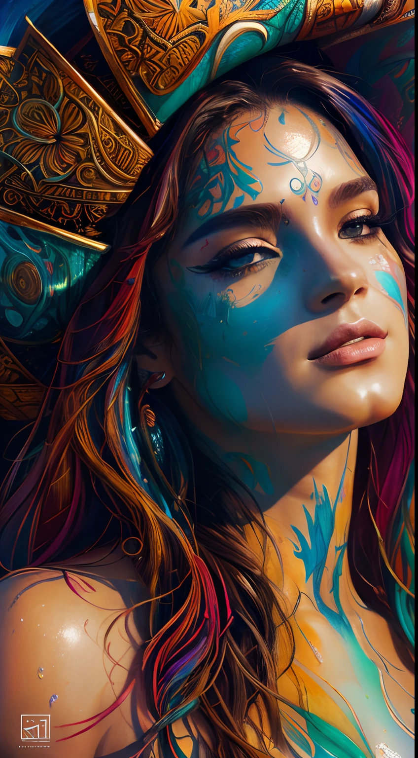 Face of the young elemental goddess of the waters, beleza abstrata, Centrado, looking-into-camera, Approaching perfection, Dynamic, fora, altamente detalhado, Pintura digital, art-station, arte conceitual, Foco suave, ju, illustration, intricate detail, splash screen, 8k resolution, masterpiece, arte de Carne Griffiths e Wadim Kashin