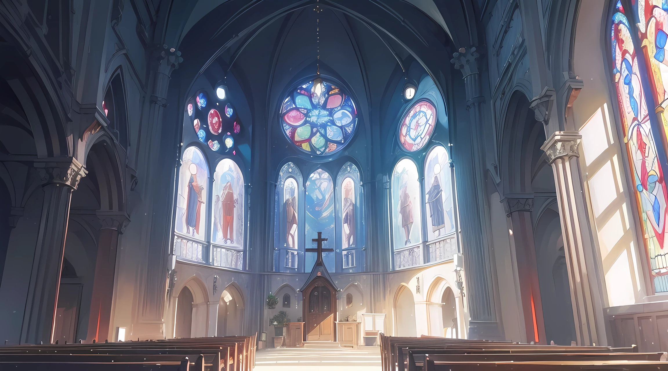 ((top-quality、8K、tmasterpiece:1.3))、stain glass、inside a church、mistic、divino、There are no characters