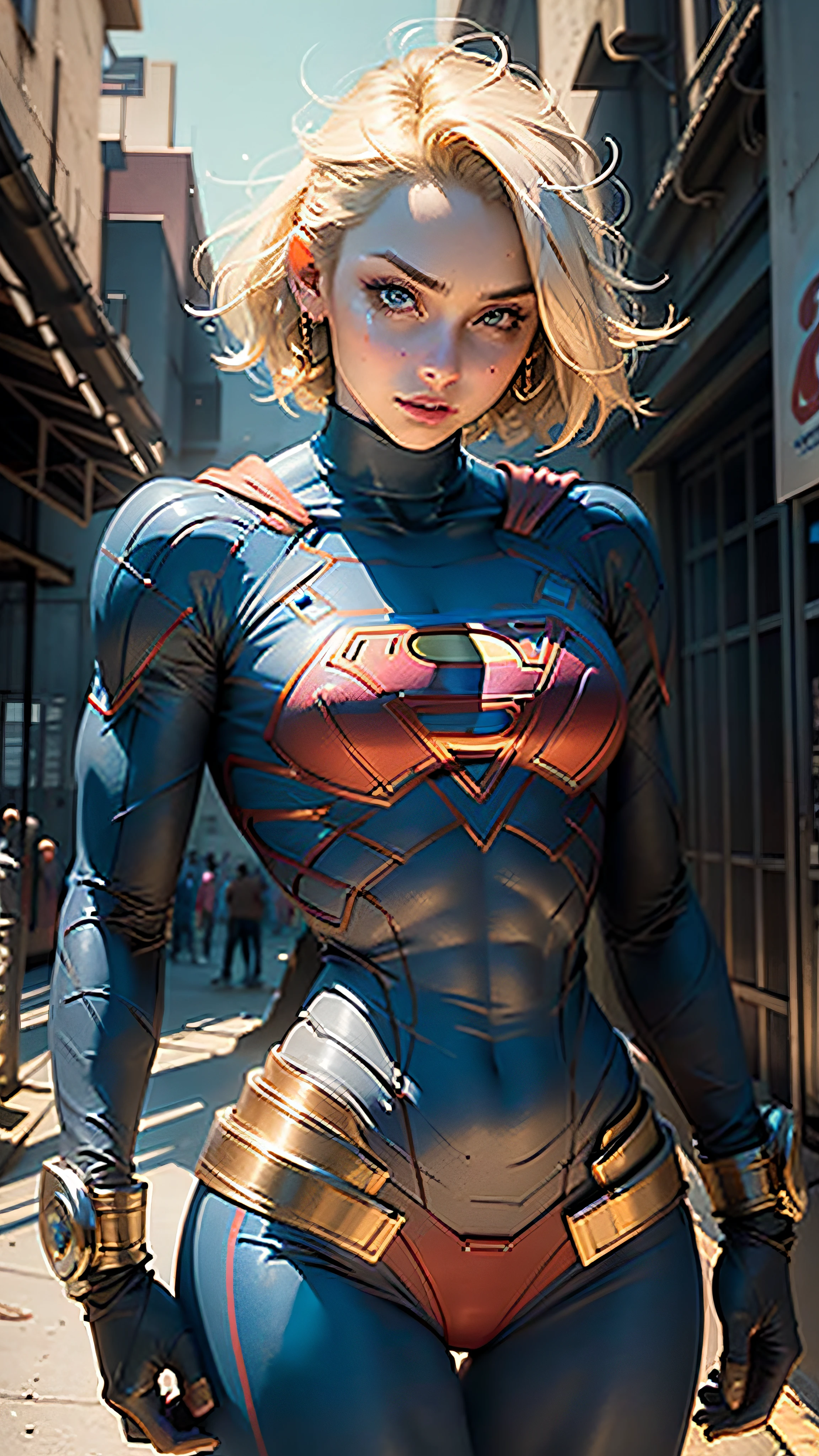 "((Best quality,best lighting)), Beautiful model with short hair and athletic body, portant un cosplay Supergirl, Accentuated and highlighted breasts, pose dynamique, colorful background, high saturation, vibrant lights."