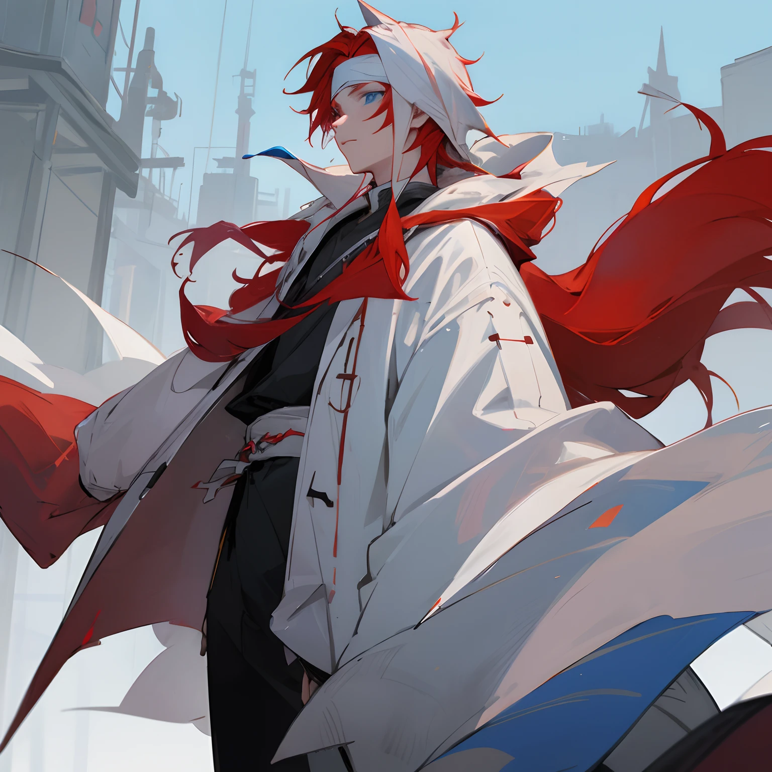 1male , red hair , blue eyes , messy hair , pale skin , white jacket cloak with a blue longsleeve shirt underneath , white headband , Modern Village Background standing on path , somber expression , ninja clothing , lean build , sunny sky , adult male