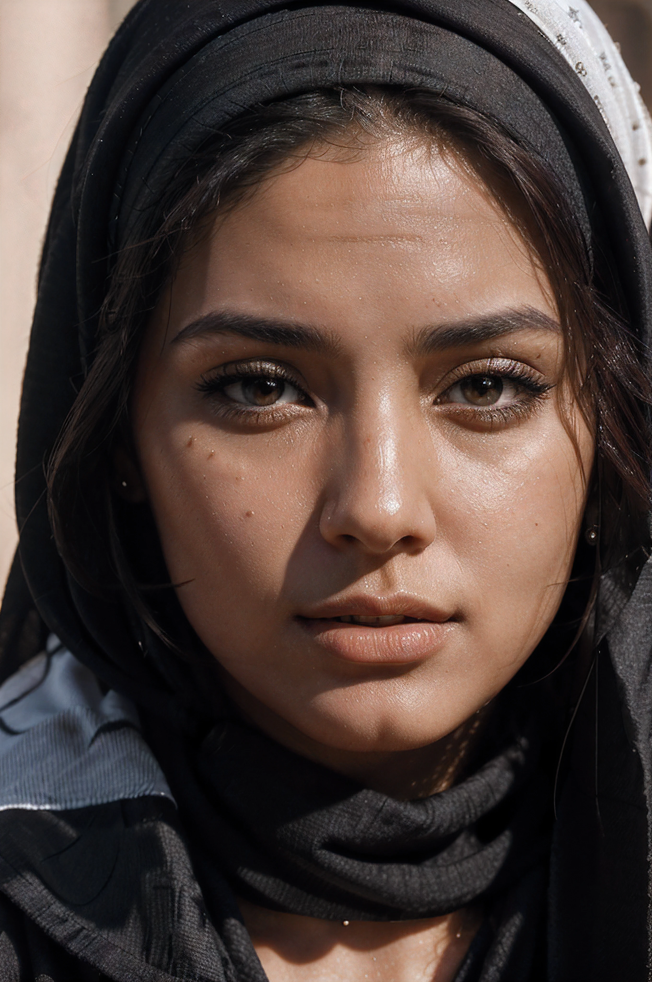 there is a woman with a black head scarf on her head, detailed face of an arabic woman, close up portrait photo, gazing dark brown eyes, middle eastern skin, close up face female portrait, close - up portrait shot, high angle closeup portrait, close up portrait of woman, extreme close up portrait, confident shaded eyes, brown eyes and white skin