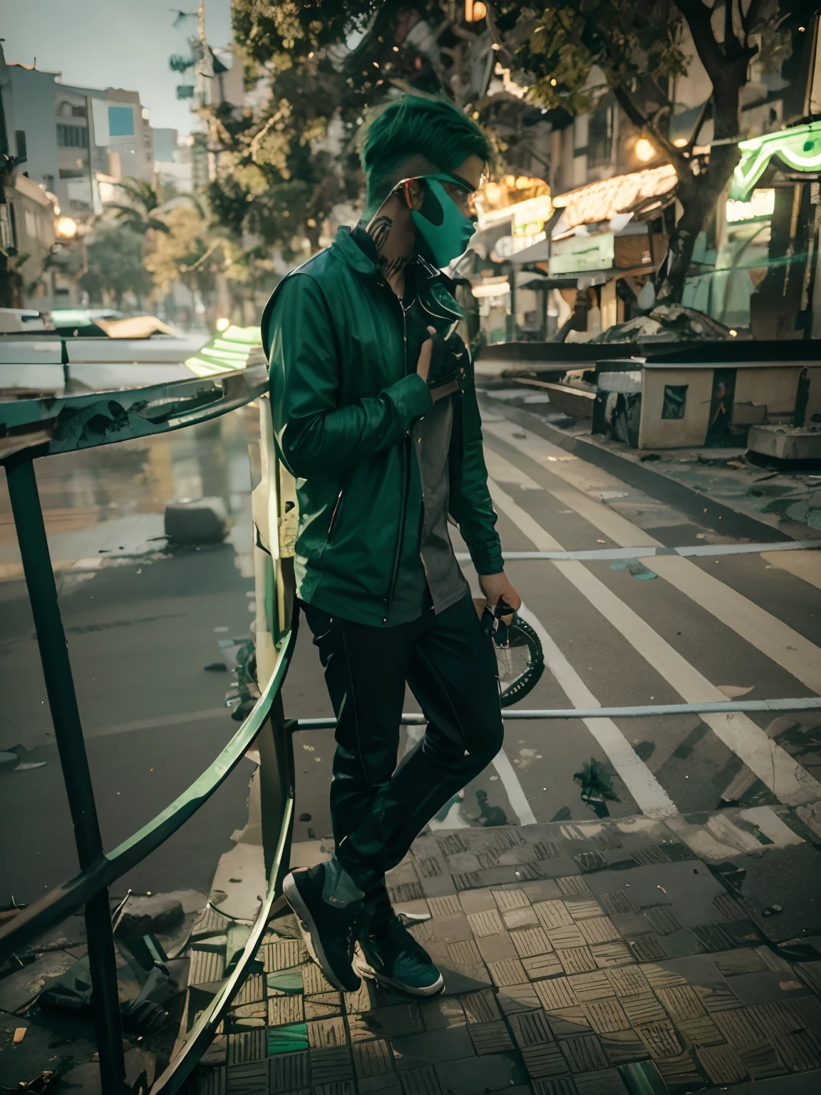 Change background cyberpunk handsome boy with bike, realistic face, 8k, ultra realistic, green hair.