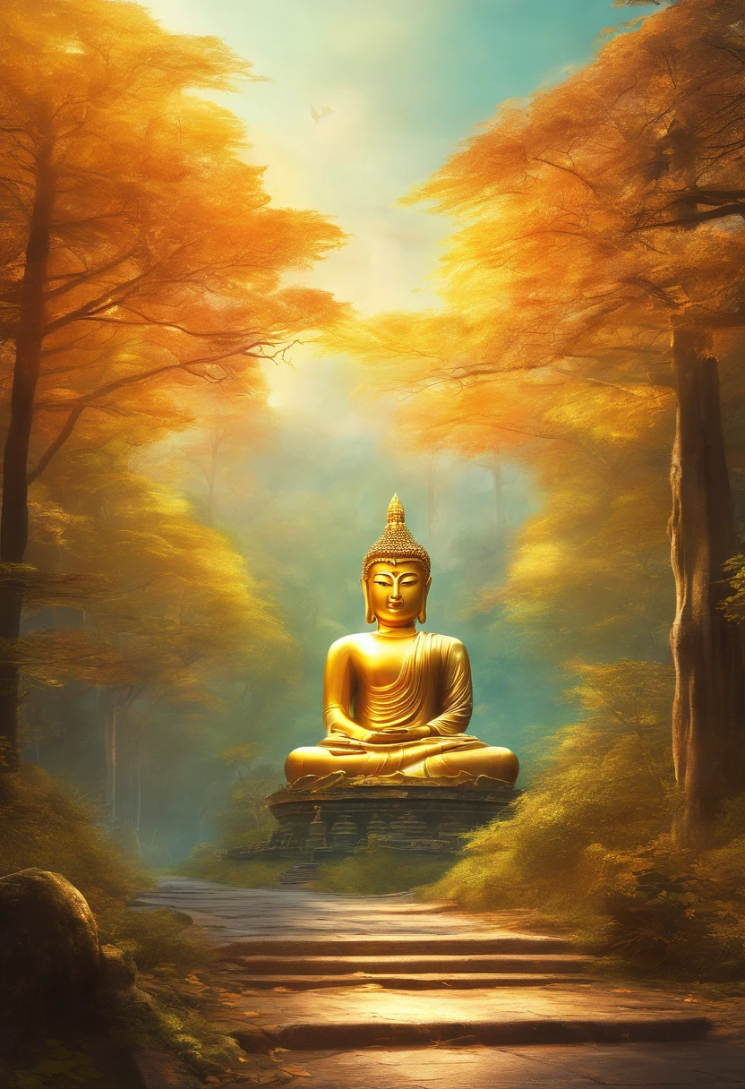 Giant Buddha statue in the distance,Golden Buddha statue, Texture, Tall, Majestic, inverted image, The background is illuminated by sunlight, Towering trees, Pilgrims walk the road. The composition is beautiful, With masterpieces, Details, and high definition