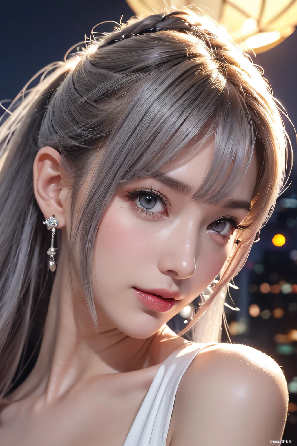 facial close-up、(Realistic painting style:0.9), masutepiece, Best Quality, absurderes, Looking at Viewer, Solo, bronya zaychik (silverwing n-ex), bronya zaychik, Red pupils, 1girl in, Solo, breasts, Long hair, Dress, Grey Hair, cleavage, Looking at Viewer, Smile, Closed mouth, Bangs, grey eyes, Jewelry, single glove, earrings, White Dress, gloves, Bare shoulders, Sleeveless dress, Drill Hair, Sleeveless, Single sleeve, hair between eye, Large breasts, twin drills, White sleeves, Hair Ornament, Single-pole drone, city, Night、facial close-up