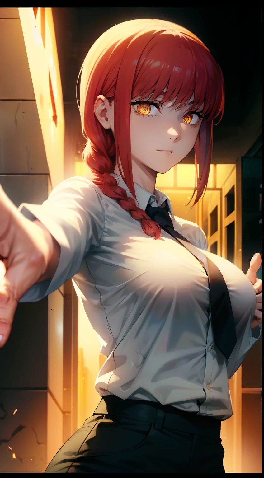 Anime girl with red hair and tie pointing at something - SeaArt AI