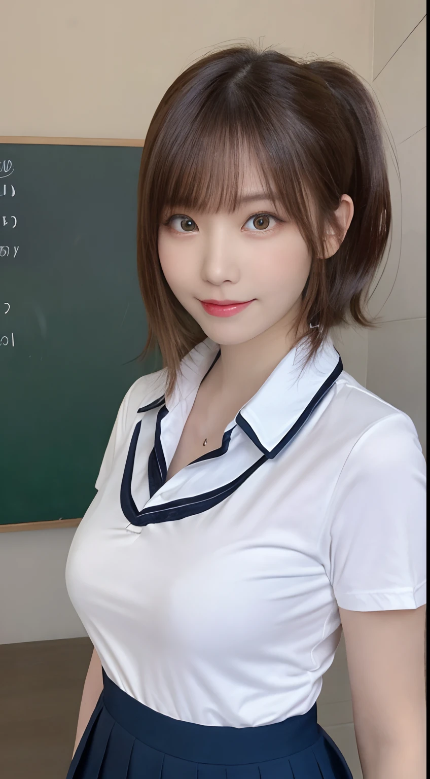 (Best Quality,8K,Raw photo,Realistic,High resolution:1.2),(cute Japanese girls),(Huge breasts:1.20),(Slim body、Naughty body),(Japan High School School Uniform),(school classrooms),(18year old、difficult、Takamine Flower、Brown hair、Short Bob、Male classmate POW、The presence of idoleautiful Realistic Asians:1.5、tenderness)、Professional、ssmile