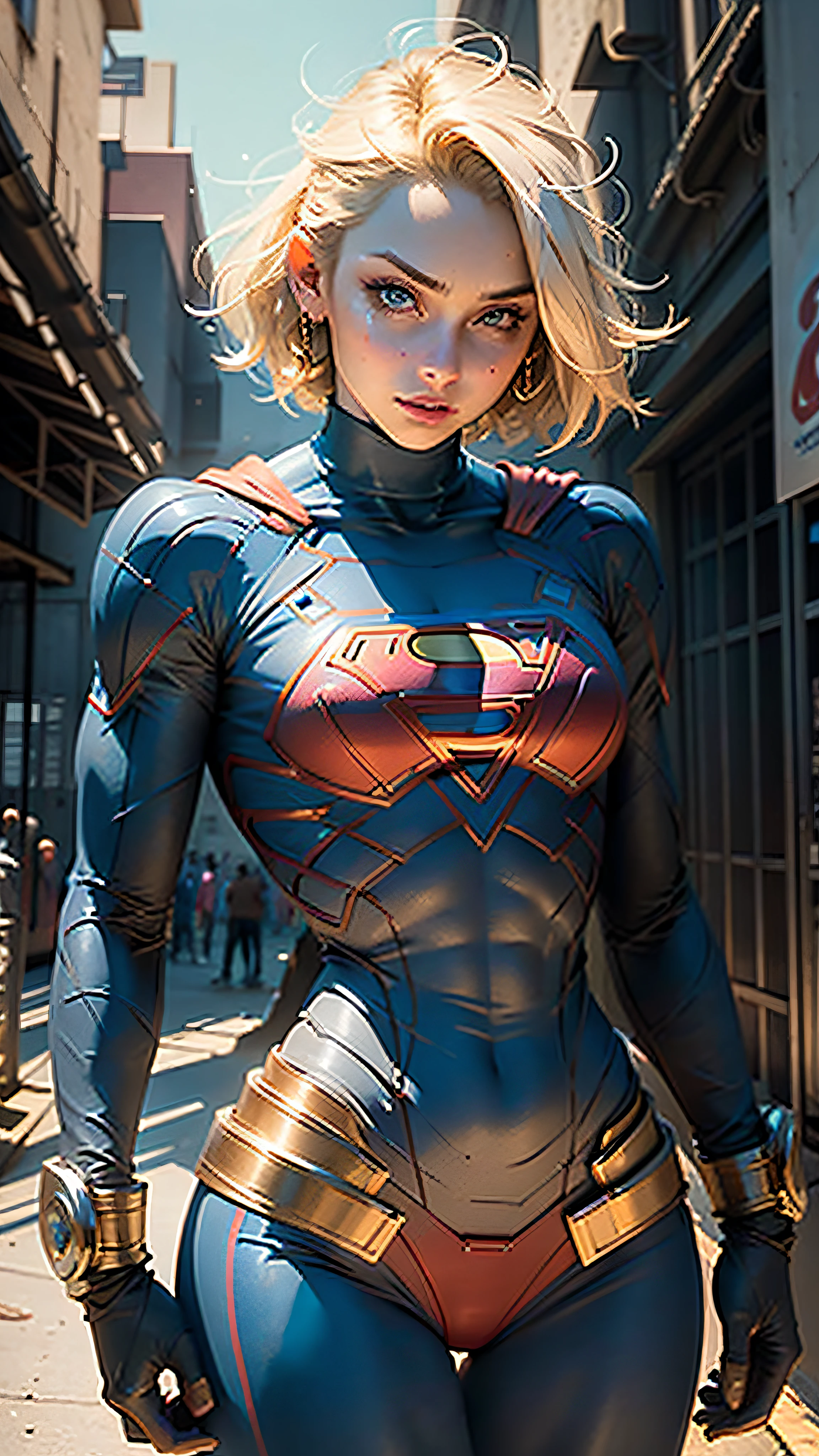 "((Best quality,best lighting)), Beautiful model with short hair and athletic body, portant un cosplay Supergirl, Accentuated and highlighted breasts, pose dynamique, colorful background, high saturation, vibrant lights."