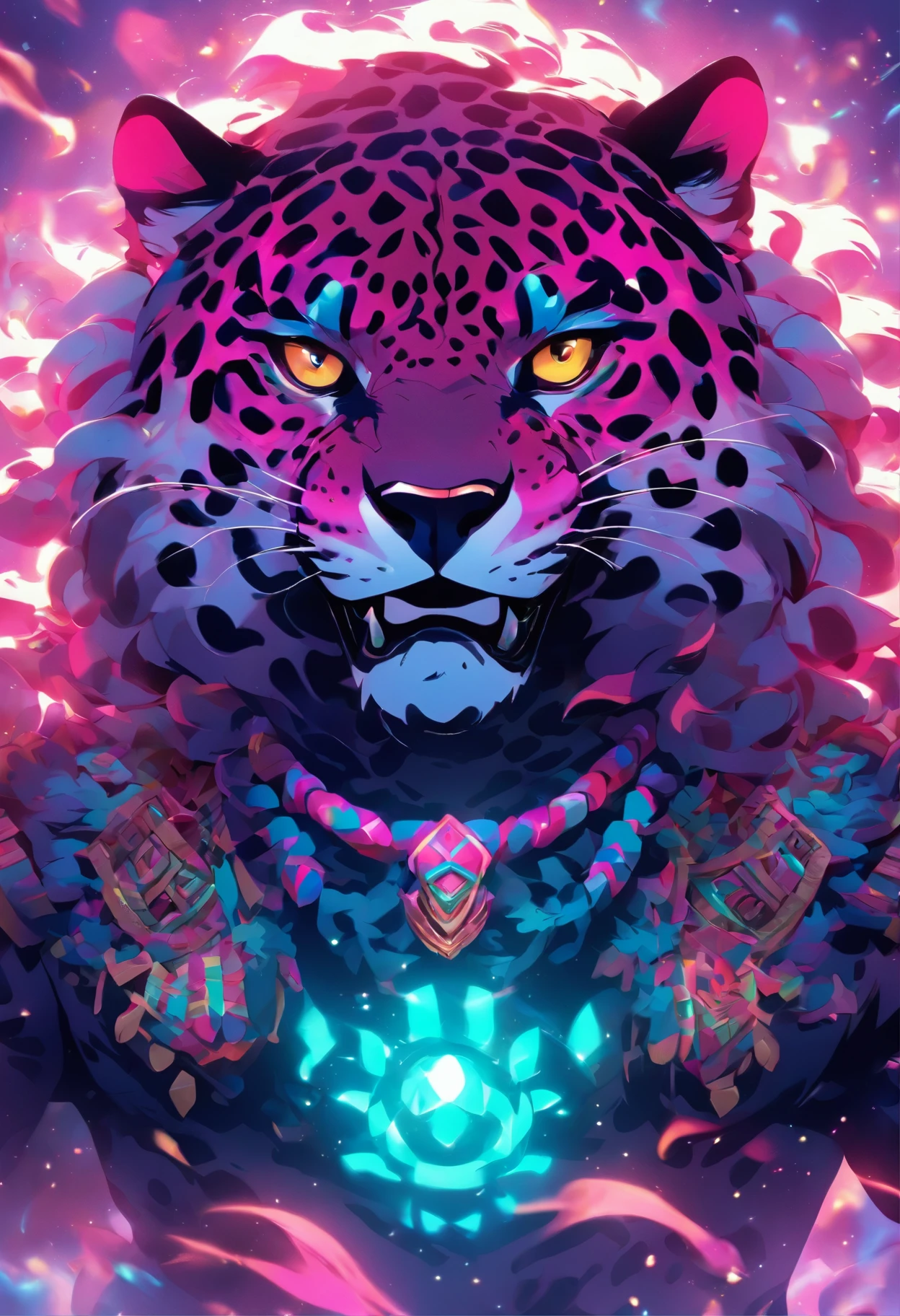 (((Jaguar head)))best quality, ultra-high resolution, 4K detailed CG, master piece, Tezcatlipoca, Mayan God, pink jaguar, mirror necklace, Mayan clothes, chest mirror, Mayan mythology, desert, smoke, ((humanoid body)) Mexico, aesthetics, Beautiful image, centered on the screen