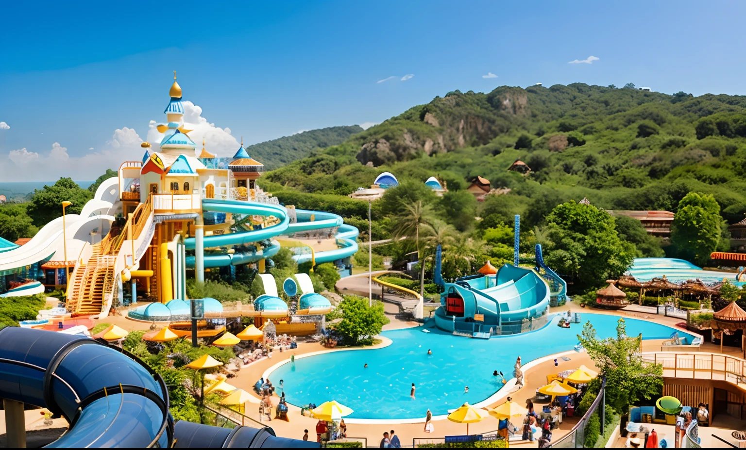 Arafed Waterpark with large pool and water slide, Aqua Park, resort, Fantasy Village, Family-friendly, Theme Park, Water World, the panorama, multilayer, panoramic, Vista, The Magic Village, Tourist Destination, full - view, fantasy land, showy, Center view, resort, Amusement park rides, warm and joyful atmosphere, Amusement park