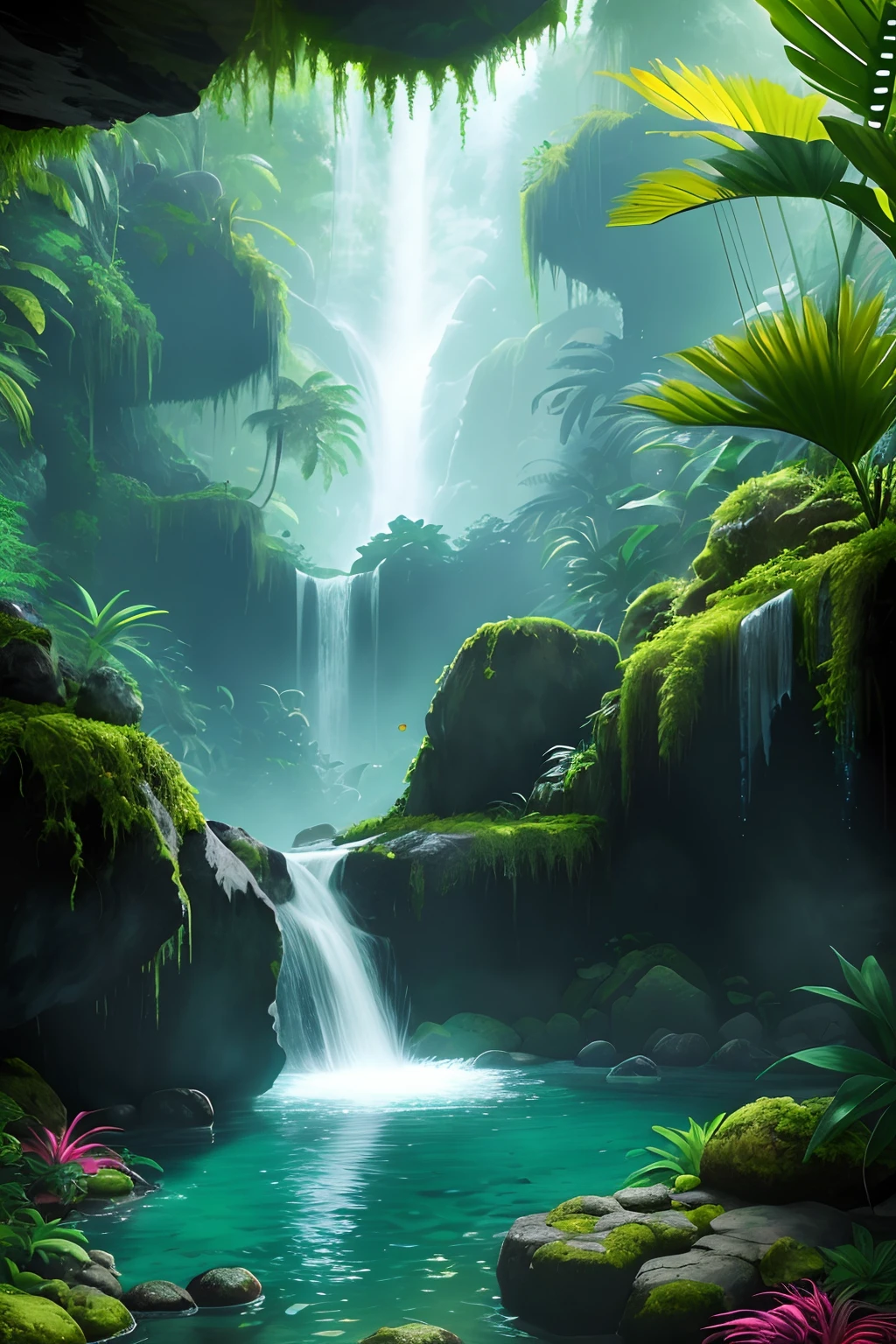 sunny tropical jungle vivid colors asymmetrical waterfall into shallow pool rough chiseled large moss covered boulders (colorful plants:1.2) volumetric fog high contrast
(masterpiece:1.2) (flat vector illustration:1.1) (best quality:1.2) (detailed) (intricate) (8k) (HDR) (wallpaper) (cinematic lighting) (sharp focus)