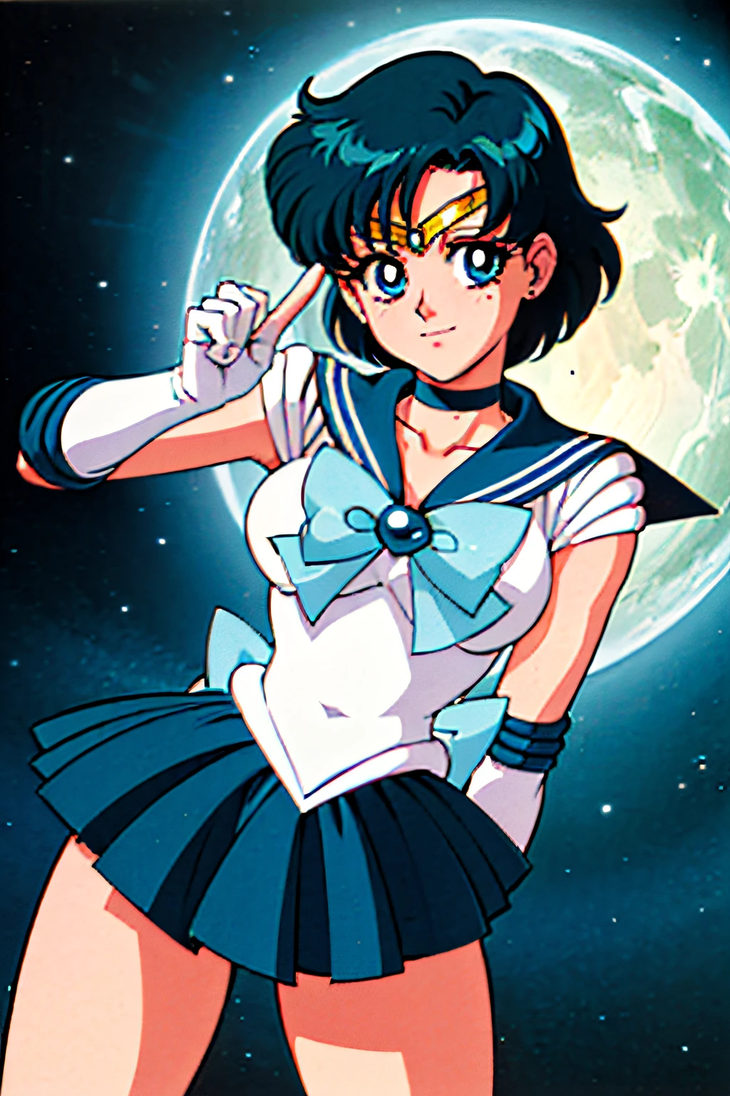 (top-quality:1.3),(​masterpiece:1.4),(Anatomically correct),(Full limbs),(complete fingers),(Precise fingertips),(Fine details),(8K),Photorealista,Sailor Moon!!!!!!!!, Sailor Moon Style,by Sailor Moon,Sailor Senshi Uniform,(Sailor Mercury:1.25),aqua eyes,Dark green hair,Blue choker,fighting poses:1.25