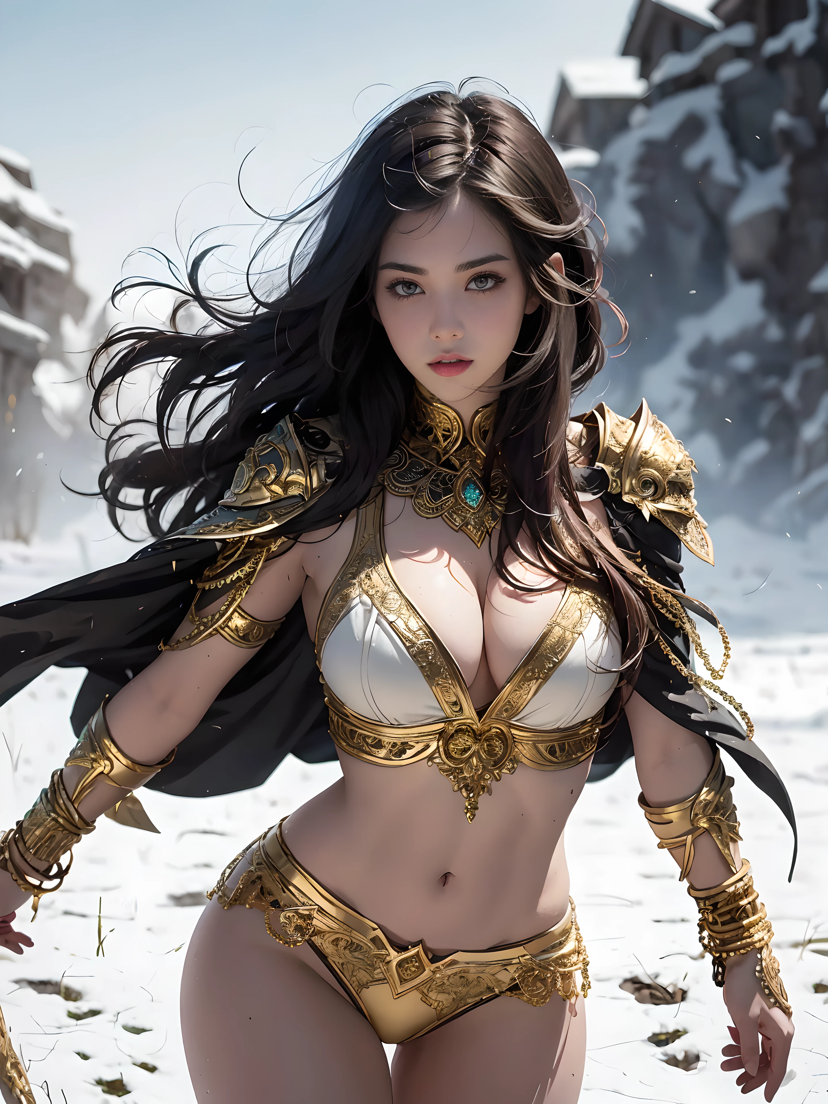 25-year-old girl, In a white battle suit with gold accessories, White armor, generous cleavage, Long Flowing Cloak, thigh gap, shapely body, suntanned skin. Side Shot (intricate details:0.9), (HDR, hyper-detailing:1.2), (natural skin textures, hyper realisitc, soft light, Sharp), Photos in RAW and 35mm format, (Intricate Detail 1.5).