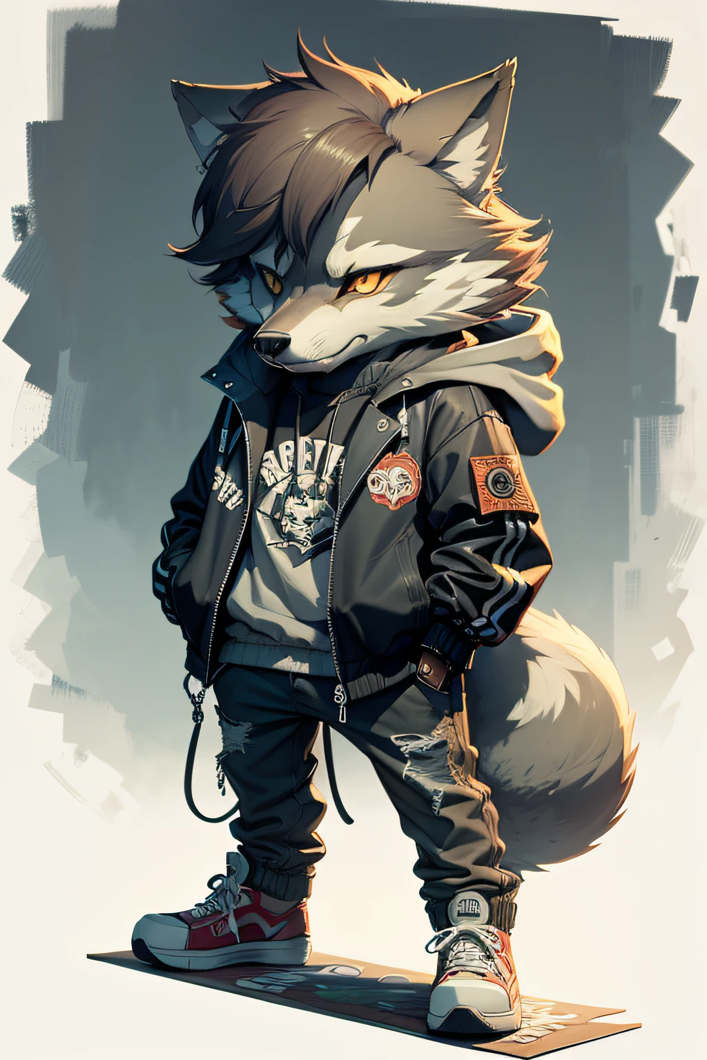Cartoon Wolf with jacket and skateboard