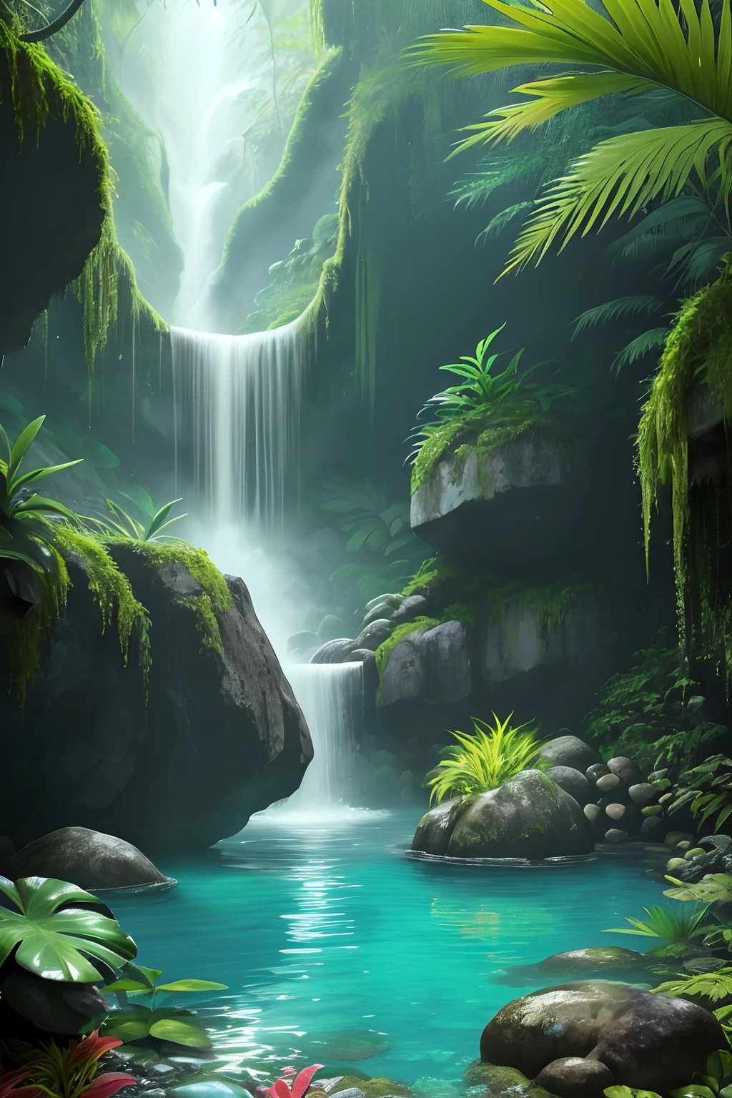 sunny tropical jungle vivid colors asymmetrical waterfall into shallow pool rough chiseled large moss covered boulders (colorful plants:1.2) volumetric fog high contrast
(masterpiece:1.2) (flat vector illustration:1.1) (best quality:1.2) (detailed) (intricate) (8k) (HDR) (wallpaper) (cinematic lighting) (sharp focus)