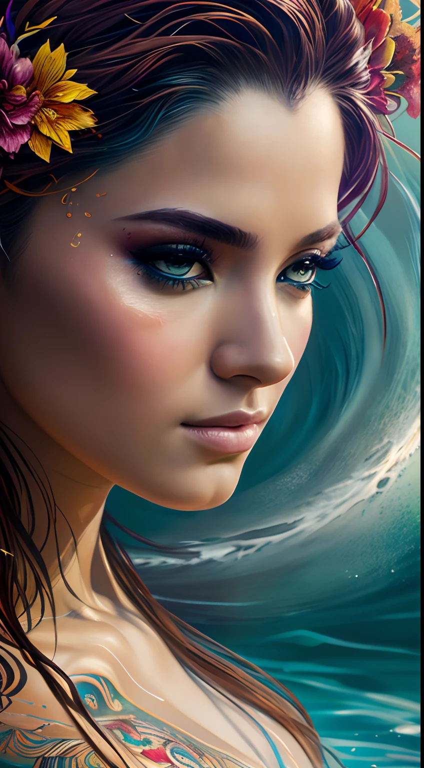 Face of the young elemental goddess of the waters, beleza abstrata, Centrado, looking-into-camera, Approaching perfection, Dynamic, fora, altamente detalhado, Pintura digital, art-station, arte conceitual, Foco suave, ju, illustration, intricate detail, splash screen, 8k resolution, masterpiece, arte de Carne Griffiths e Wadim Kashin