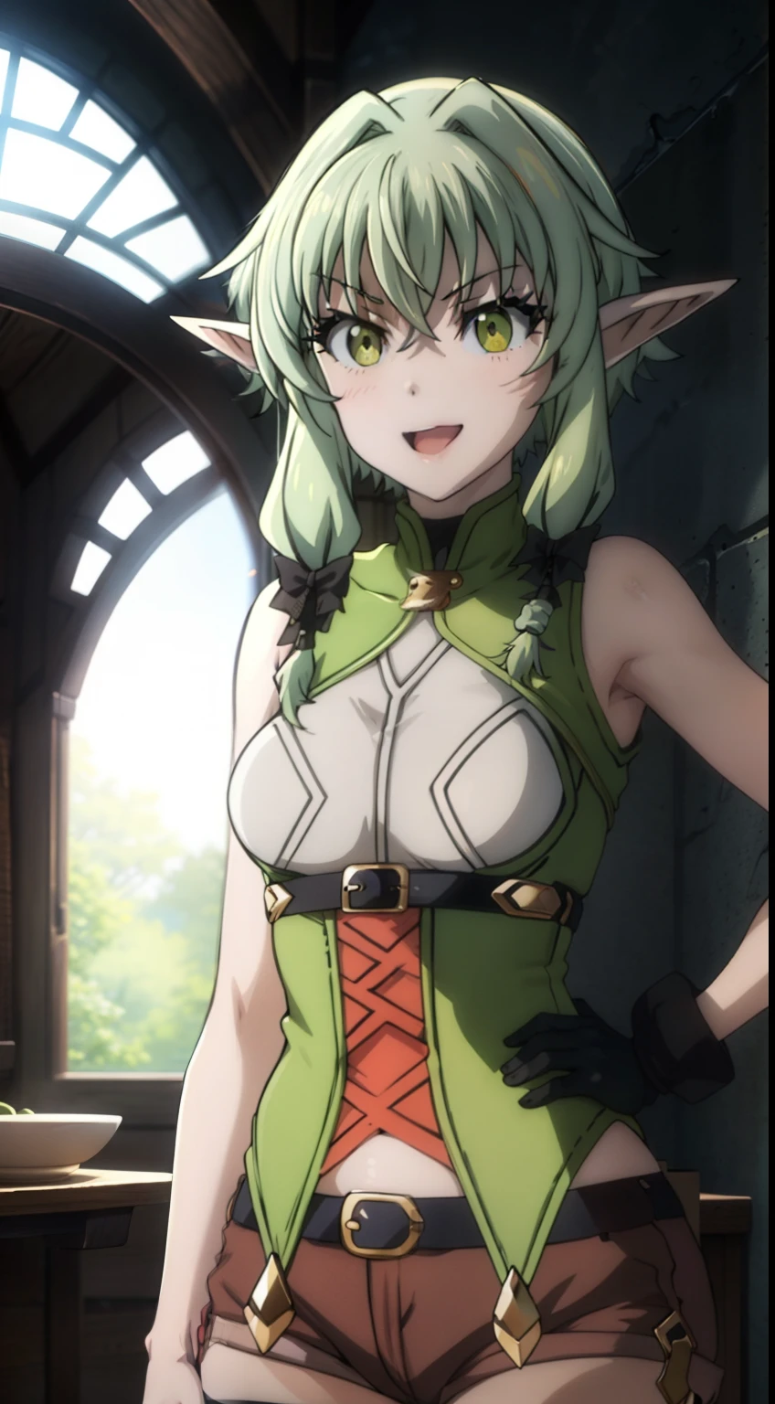 Anime Art 8K, anime wallpaper, hight resolution, very clearly, High Sharp, Masterpiece, Best Quality, (Body Full 1:1) hight resolution, 1girl, pointed ears, green hair, hairlong, side locks, Hair Bow, Green eyes, big breasts, Sleeveless, black gloves, brown shorts, Green thighs, Short shorts, belt, Smile, Bow in hand, Aiming, Arrows,, Very clear image, Very detailed, beatiful face, detailed digital anime art, Cool anime 8K, Clean and detailed anime art, Gouveyz on Pixiv ArtStation, 4K Manga Wallpapers, Guweiz in Artstation Pixiv, Подробный портрет Anime Girl, Anime 4K Style, Anime Art Wallpapers 4K, Anime Art Wallpaper 4K Masterpiece, Gorgeous, Best Quality,