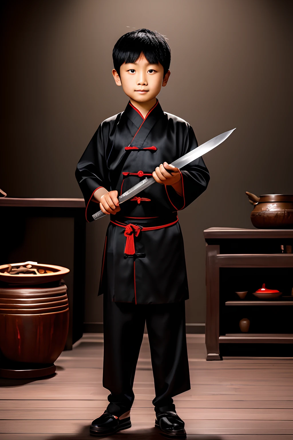 In a dark ancient Chinese-style room, a ten-year-old Chinese boy held a sharp kitchen knife in one hand and a ladle in the other, his eyes fierce. Overall dark style