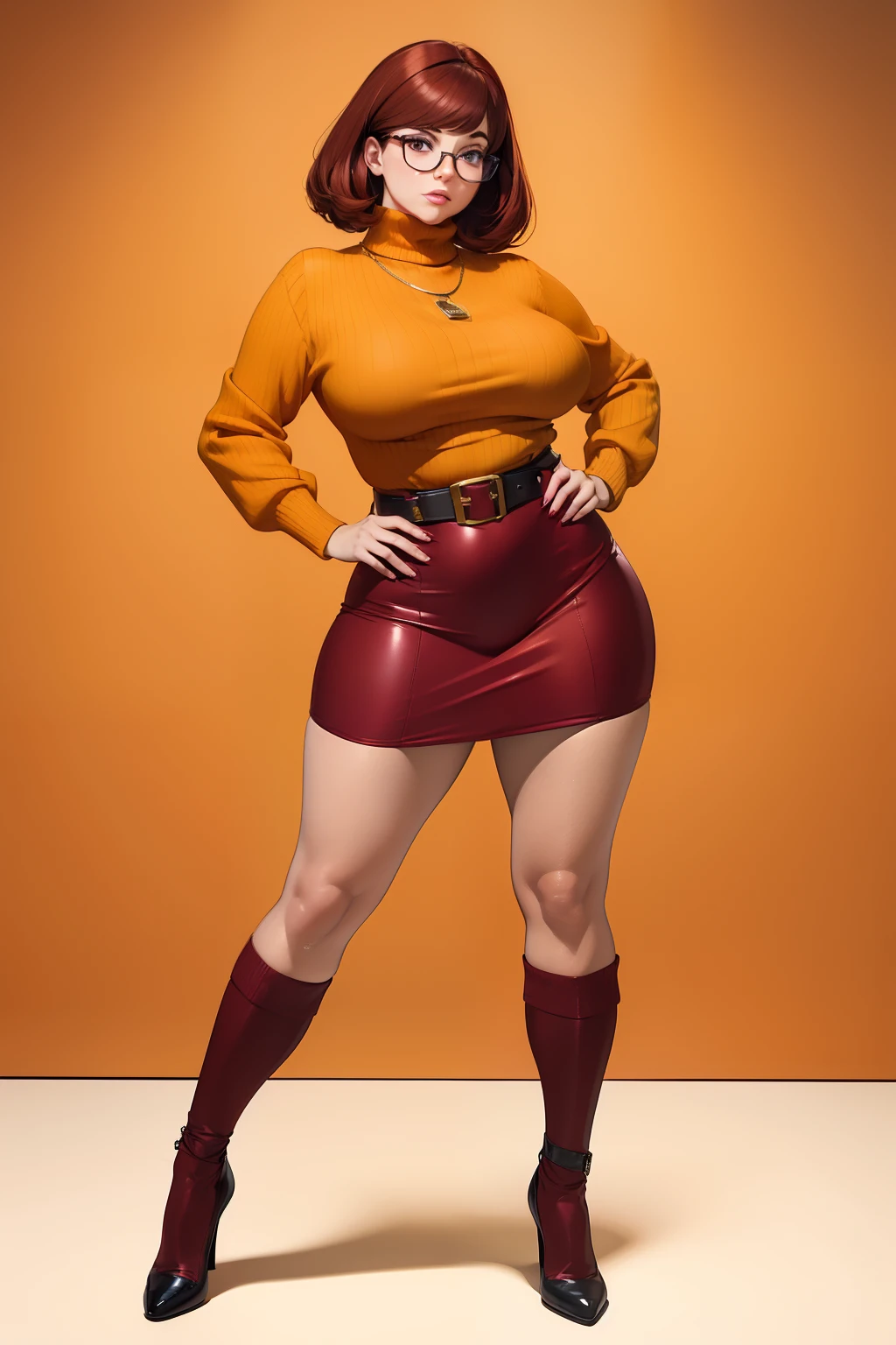 ((masterpiece, best quality, ultra-detailed, ultra-HD, photorealistic, cinematic)), (wide camera shot, full body view:1.5), (sensual pose, standing), (alluring and voluptuous female as Velma Dinkley:1.2), perfect anatomy, perfect face, proportioned hands, (deep shade of auburn with a slight natural wave hair color, chin-length bob with blunt bangs hairstyle:1.3), (retro-chic style outfit, knee-length and maroon turtleneck dress:1.2), (a matching maroon belt that cinches at her waist:1.2), (thick-framed black square glasses), (wears knee-high, mustard-yellow socks that peek out just above her brown, sensible lace-up shoes), (sports a delicate, gold pendant necklace), (vibrant orange cardigan slung over her shoulders), ((dynamic background))