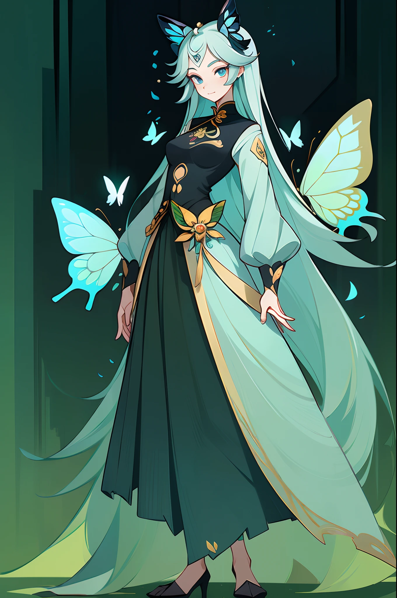 (1 Anthropomorphism of butterflies), (standing full-body), (Full body standing painting), 1 Princess，(standing full-body)，独奏, long  skirt，character  design, fanciful, tmasterpiece，top Quority，best qualtiy，超高分辨率，Exquisite facial features