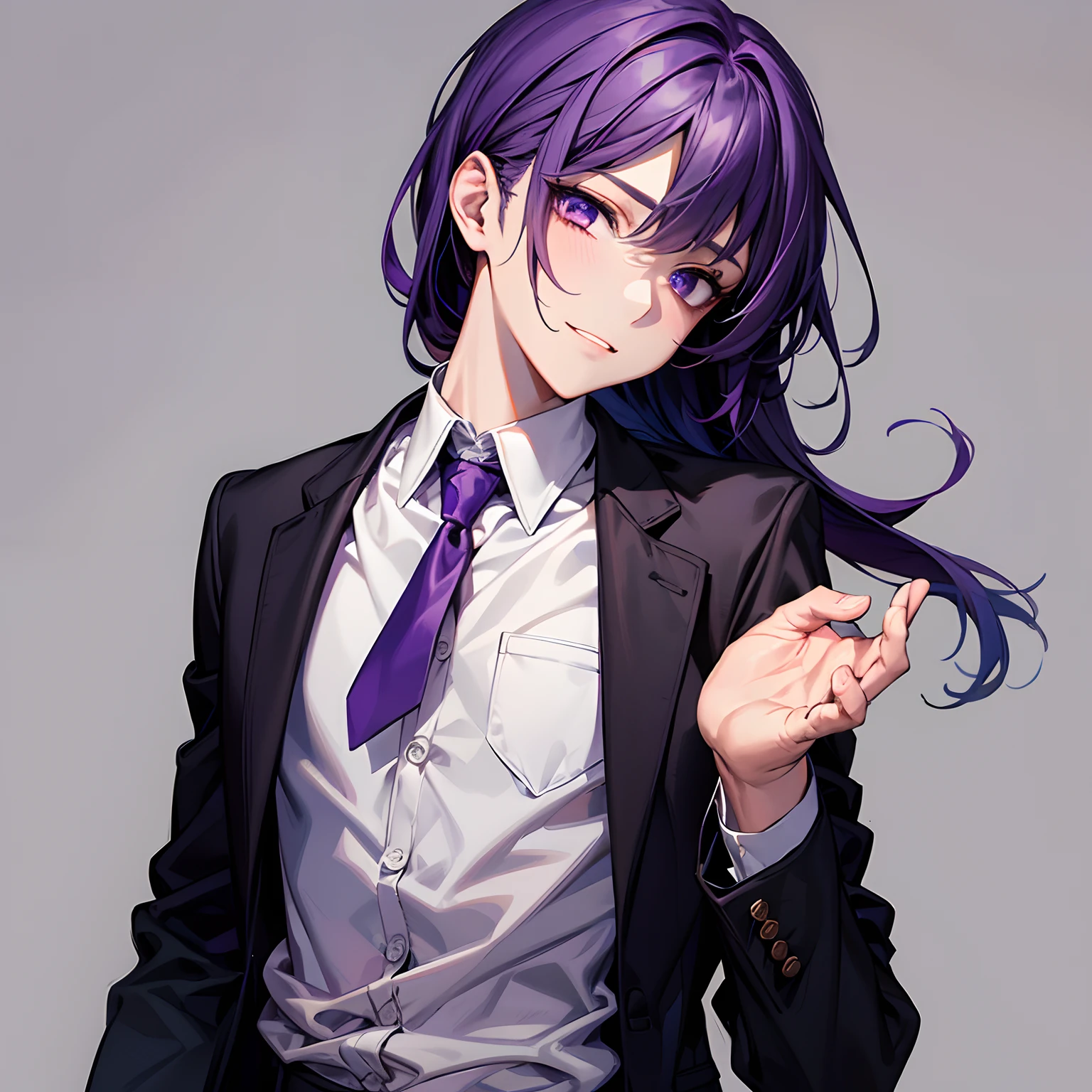 1man, Face Focus, [[[Adults]]], Business suits, jaket, white  shirt, neck tie, Underpants, frontage, top-quality, adopt, A detailed face, simple background、[[[deep purple hair]]]、[[[Jade Eyes]]]、confident facial expression、The upper part of the body、Beautiful eyes、The upper part of the body、Suspicious smile、Purple God、Face up、Upper body emphasis、manly、Beautiful fece