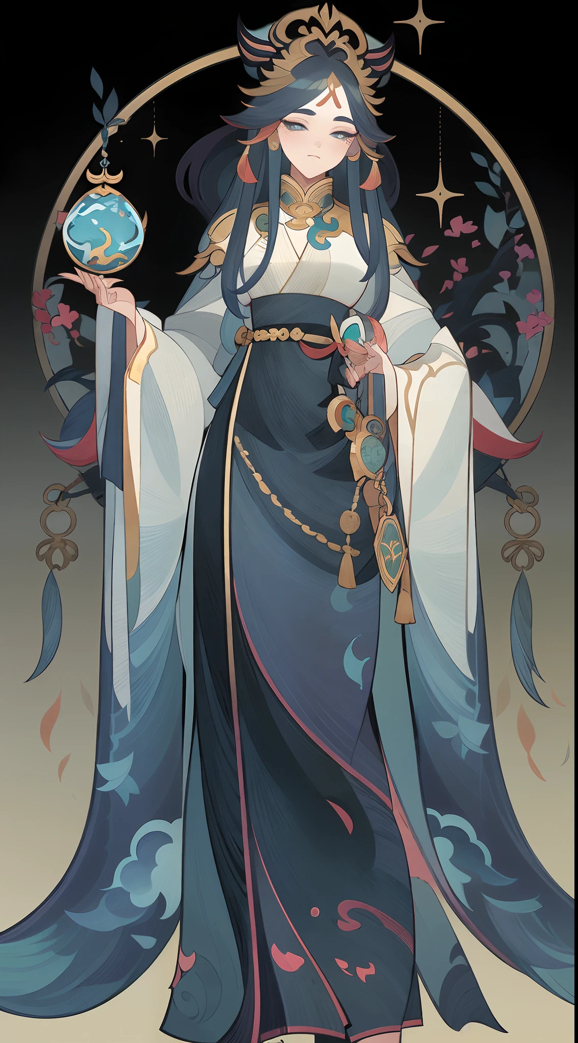 Full body portrait of 1 girl, Hanfu, Xianxia, standing on your feet, (((独奏))), Clear facial features, Simple line design, ((Solid black background)), tarot design, Standing drawings of characters, ((flatcolors)), (tmasterpiece，top Quority，best qualtiy，超高分辨率，Clear facial features，beautidful eyes，beauitful face)