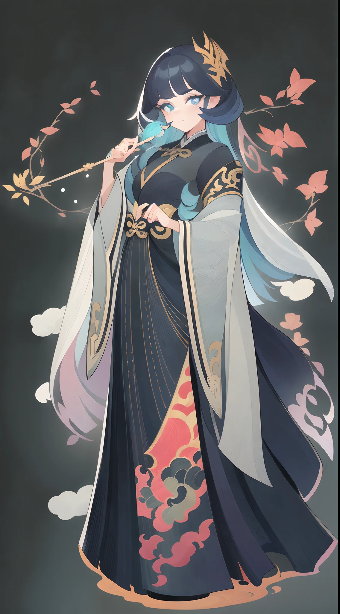 Full body portrait of 1 girl, Hanfu, Xianxia, standing on your feet, (((独奏))), Clear facial features, Simple line design, ((Solid black background)), tarot design, Standing drawings of characters, ((flatcolors)), (tmasterpiece，top Quority，best qualtiy，超高分辨率，Clear facial features，beautidful eyes，beauitful face)