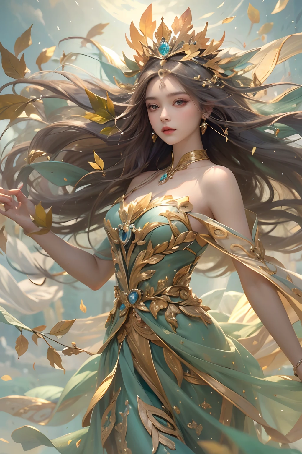 "(Ultra Detail, Best Quality: 1.2), Fantasy Portrait, Wind Goddess, Poised in a Graceful Dance, Controlling the Gentle Zephyrs, Eyes (Whispers of Breezes: 1.3), (Crown of Breeze-Kissed Leaves: 1.4), (Dress of Airy Elegance: 1.5), (Majestic Zephyr Presence: 1.1), (Enchanted Wind Sorcery: 1.6), Conveying the Sublime Beauty of Gentle Gales."