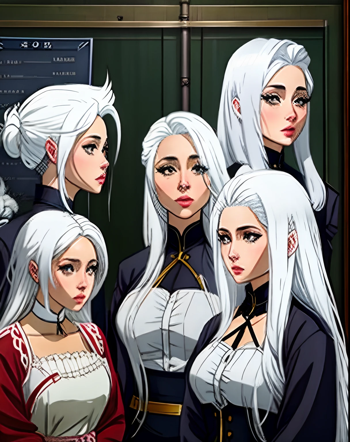 Gang female with white hair character reference sheet