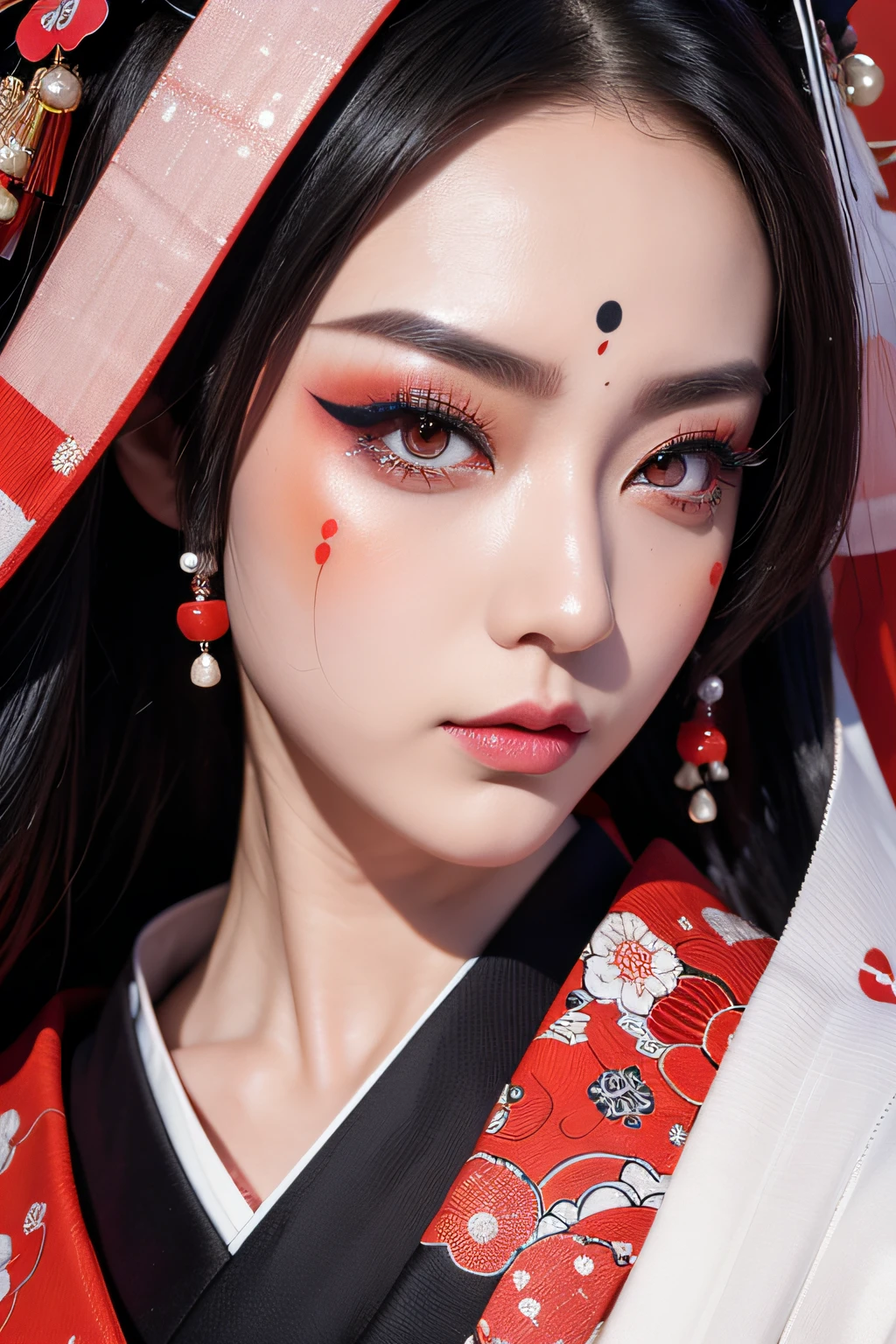 Kabuki Makeup、close up of face ,masutepiece, Best Quality, Ultra-detailed,((geisha)) ,cybernetics,Cybernetic components,line-drawing、Kabuki Makeup