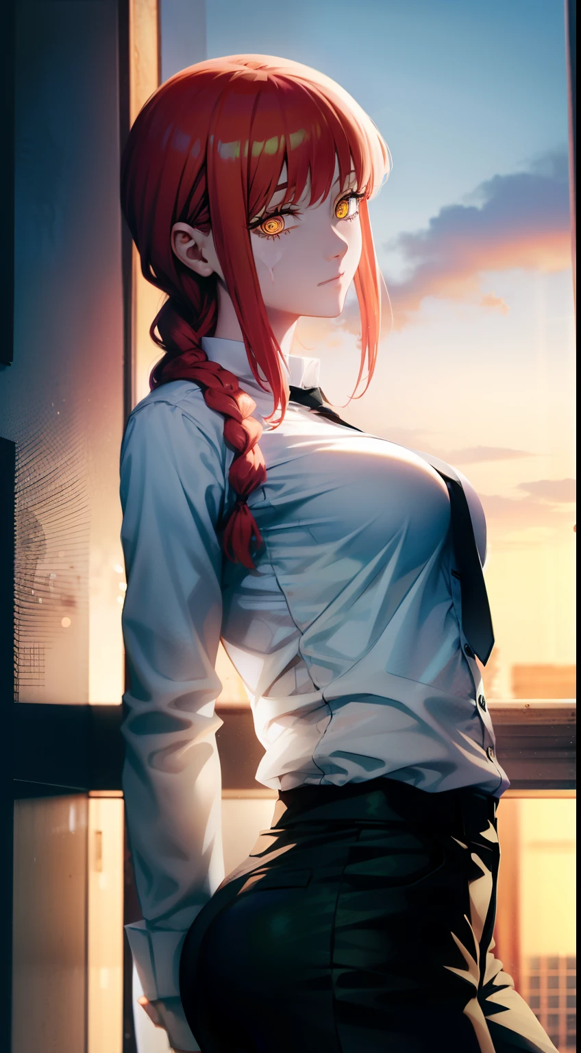 Undress, naked body, beautiful buttocks, Unbuttoning his shirt, A ruined building, white shirt, black tight pants, sexy body, teats, bare buttocks, beautiful breasts, bare buttocks, waist, tmasterpiece, beste-Qualit, portraite of a, a 1girl,makima \(chainsaw man\), 独奏, standingn, redhead hair, hairlong, braided, (bright glowing eyes: 1.4), (golden eyes: 1.3), dilated pupils, quiff, Average Breasts, white shirt, tie, opinion, ssmile, looking a viewer, (interview:1.3), hight resolution, (facial focus:1.4), (gaze at the viewer:1.15), (black backdrop,)