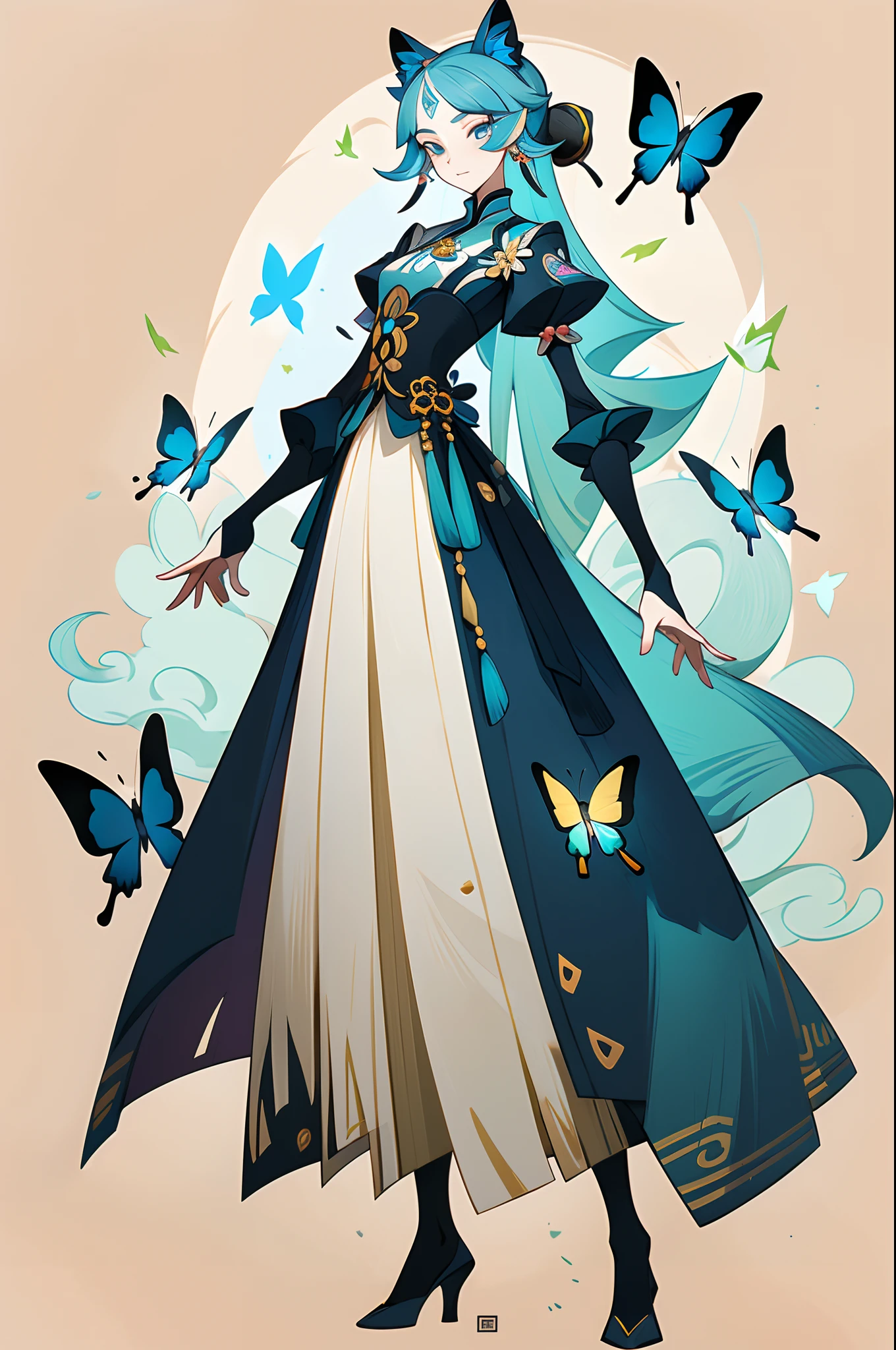 (1 Anthropomorphism of butterflies), (standing full-body), (Full body standing painting), 1 Princess，(standing full-body)，独奏, long  skirt，character  design, fanciful, tmasterpiece，top Quority，best qualtiy，超高分辨率，Exquisite facial features